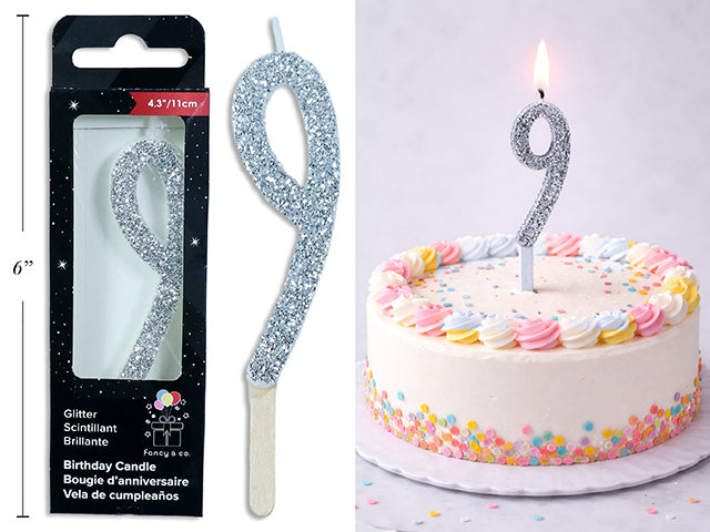 Chandelle d'anniversaire pailletée argent, chiffre 9, 11 cm