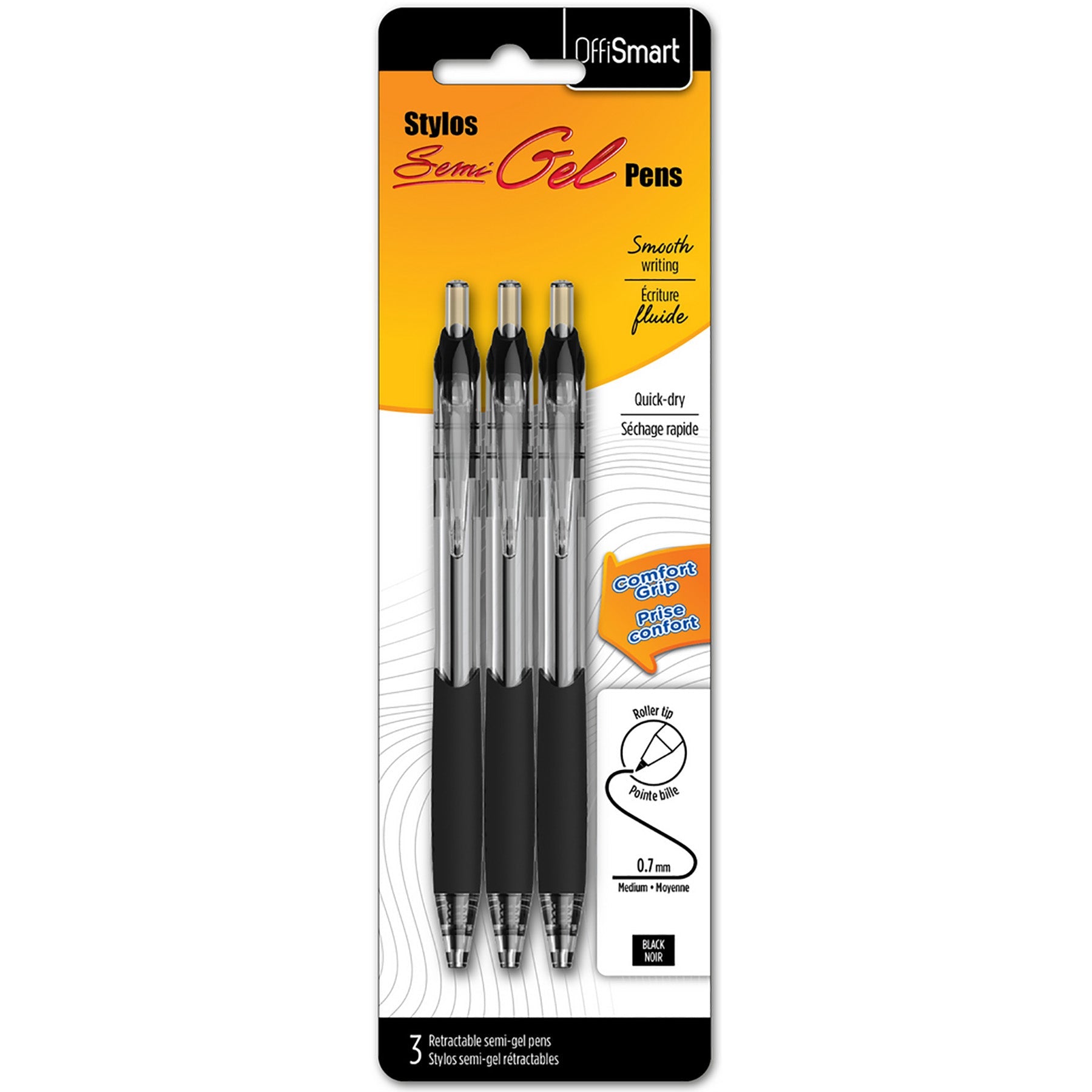 Offismart 3 Smooth Gel Retractable Pens Black Ink 0.7mm