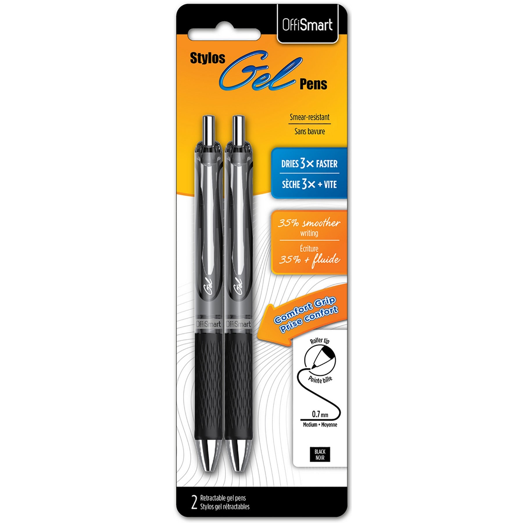 Offismart 2 Soft Grip Retractable Gel Pens Black Ink 0.7mm