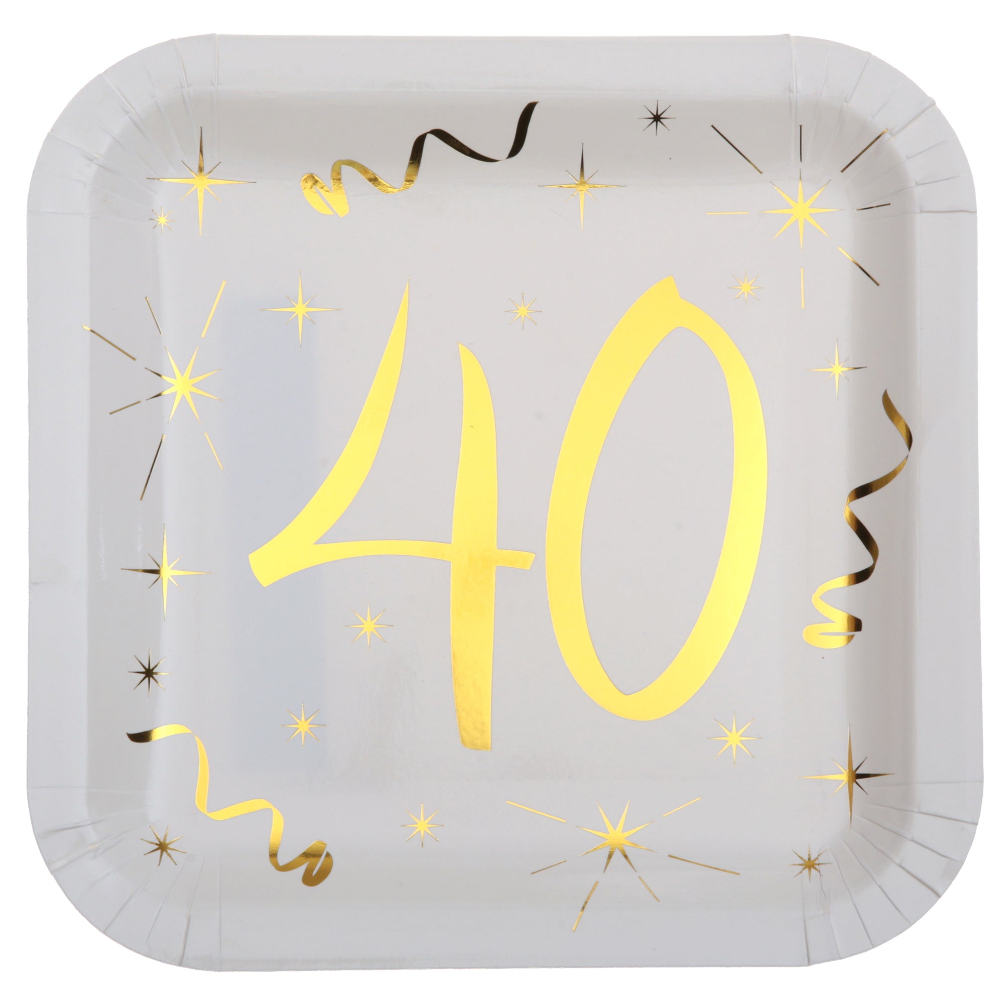 Age 40 10 Square Paper Plates White and Gold 9x9in
