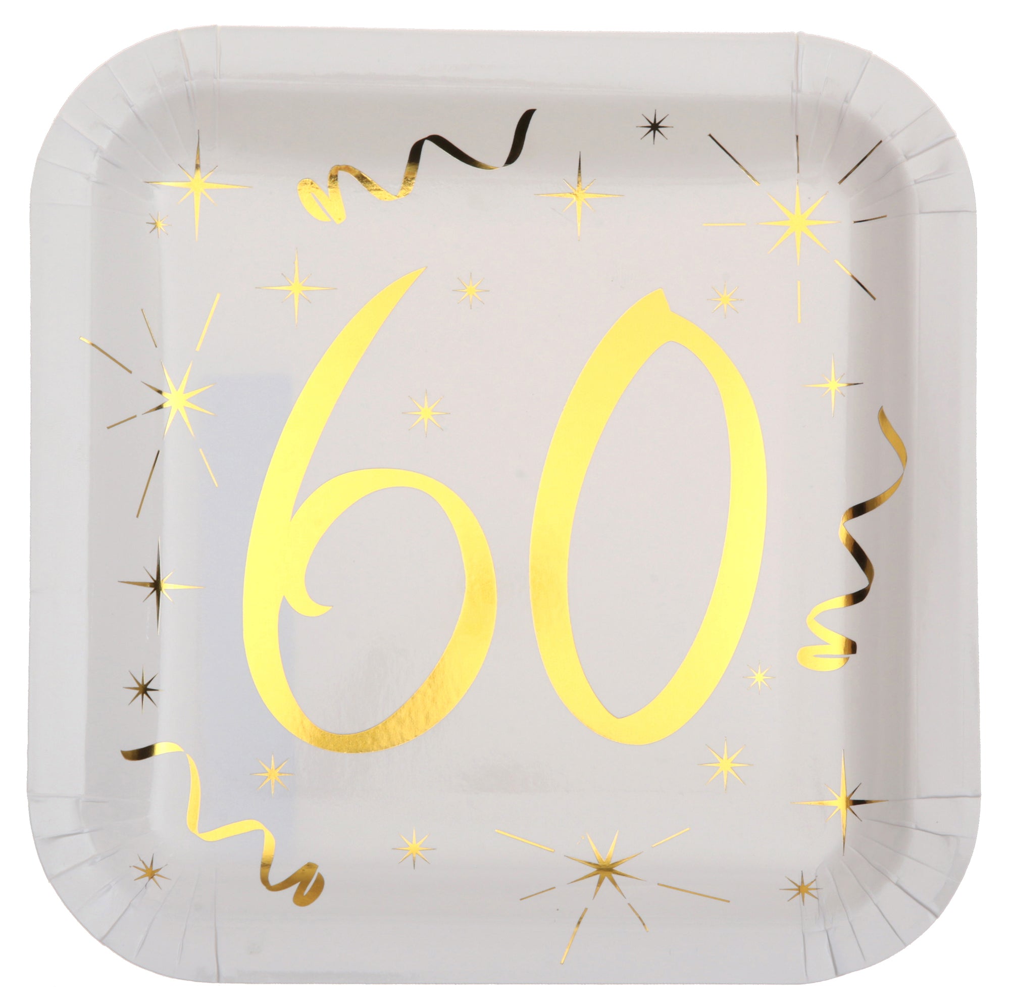 Age 60 10 Square Paper Plates White and Gold 9x9in