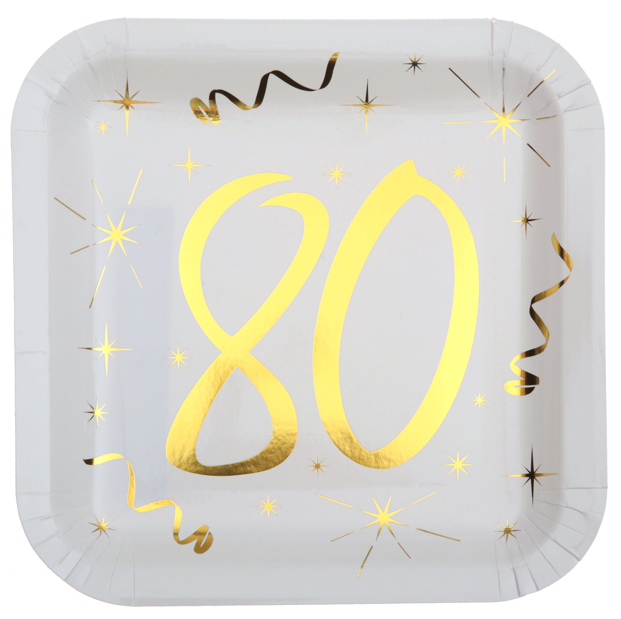 Age 80 10 Square Paper Plates White and Gold 9x9in