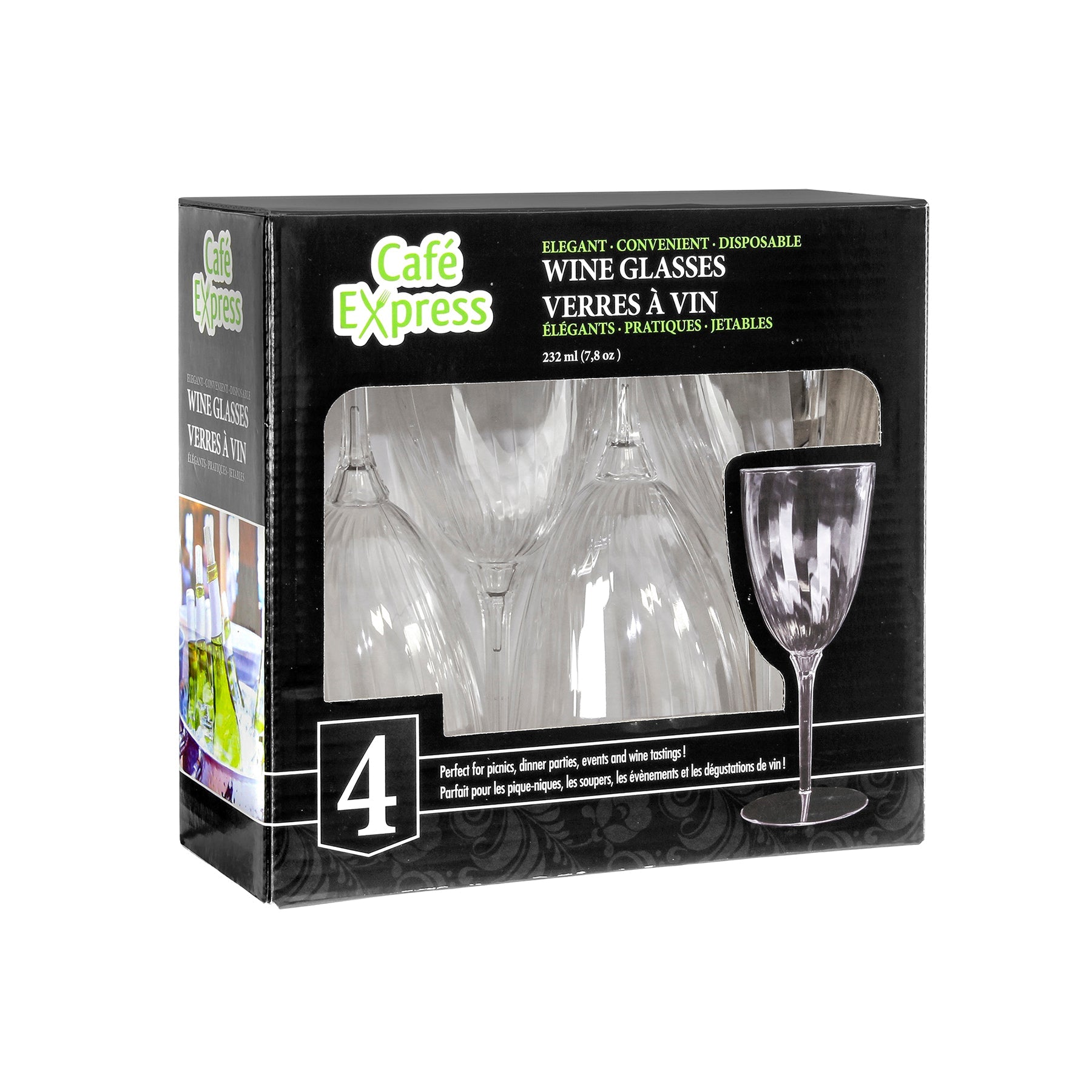 Café Express 4 Wine Glasses Elegant Clear Plastic 7.8oz