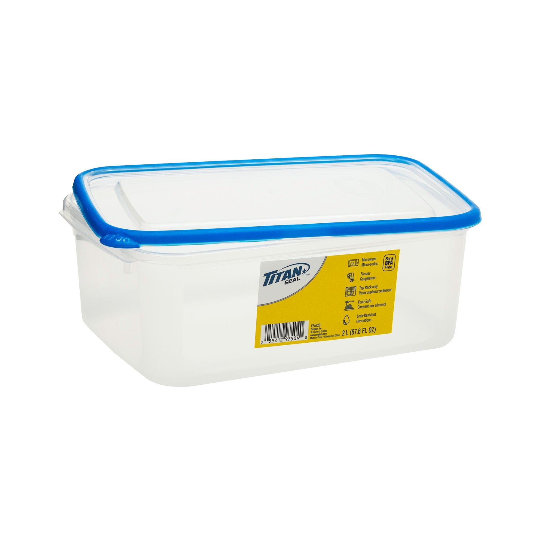 Titan Seal Plastic Food Container with Lid 67.6oz 8x5.5x3.4in