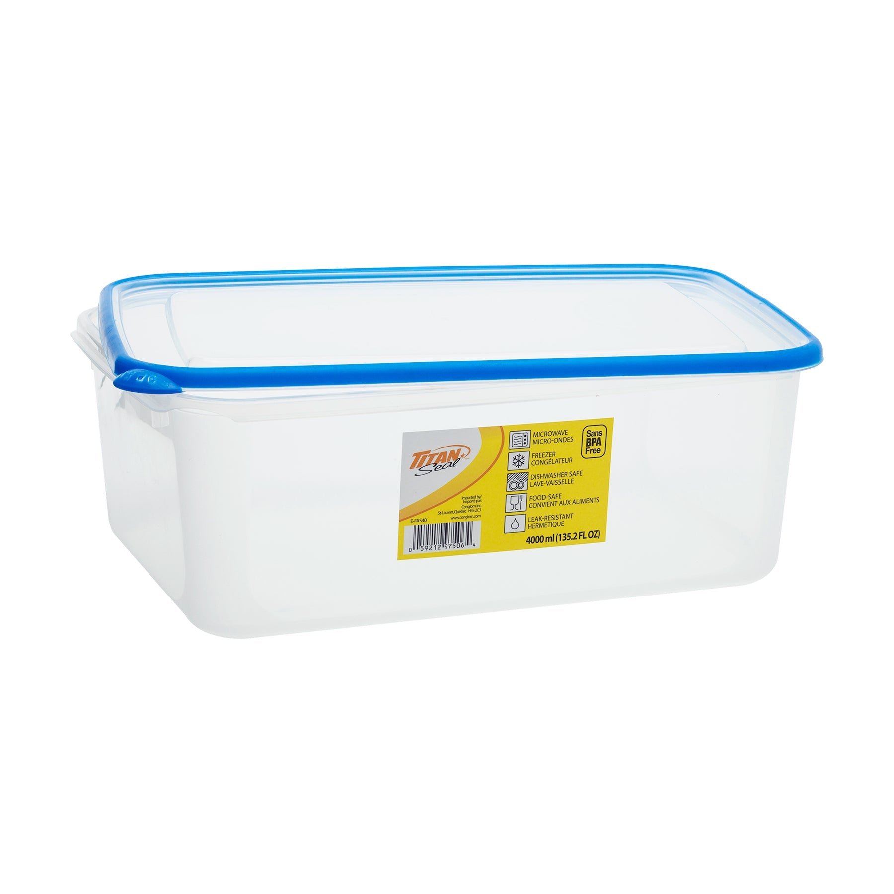 Titan Seal Plastic Food Container with Lid 135.2oz 10x6.75x4in