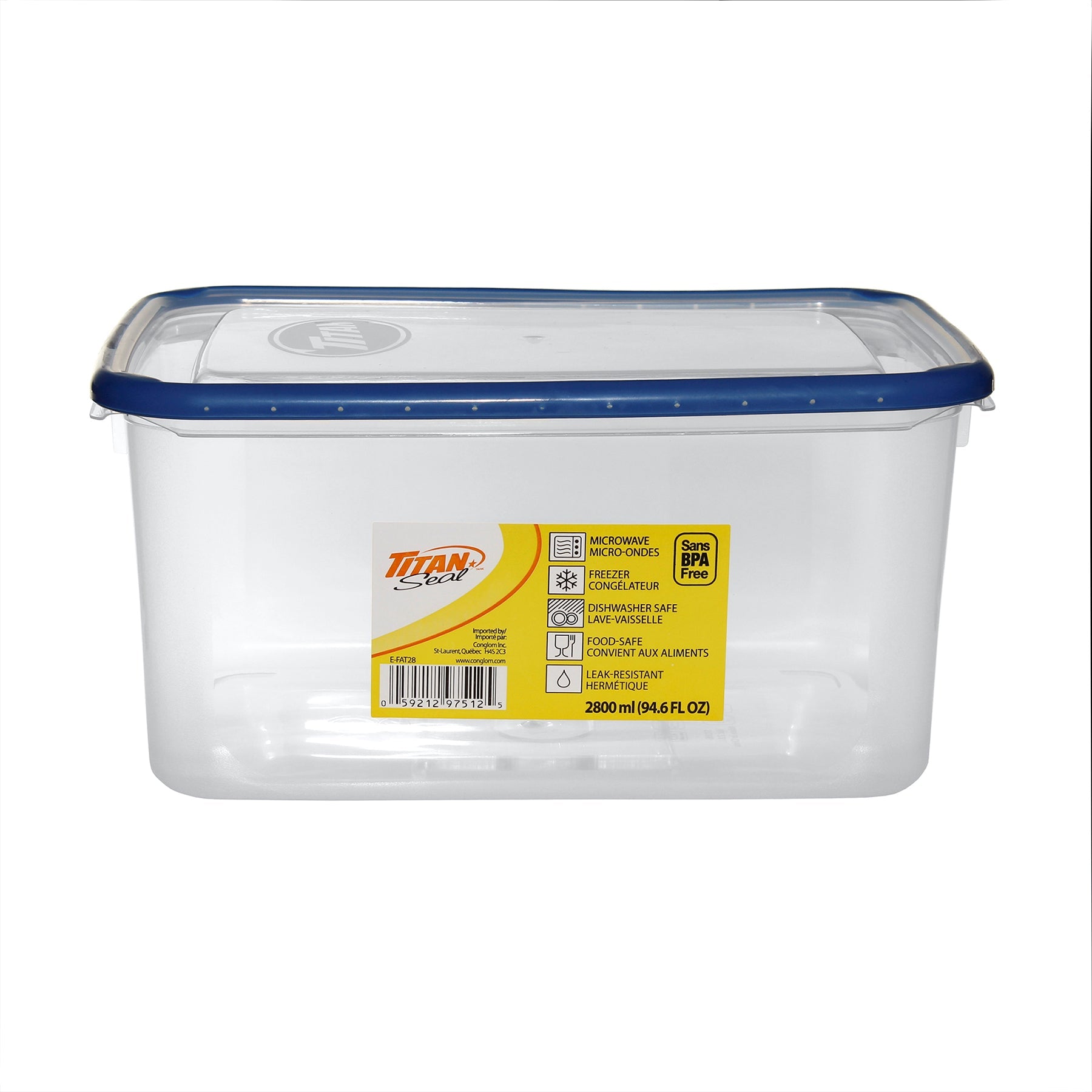 Titan Seal Plastic Food Container with Lid 94.6oz 8x5.5x4.3in