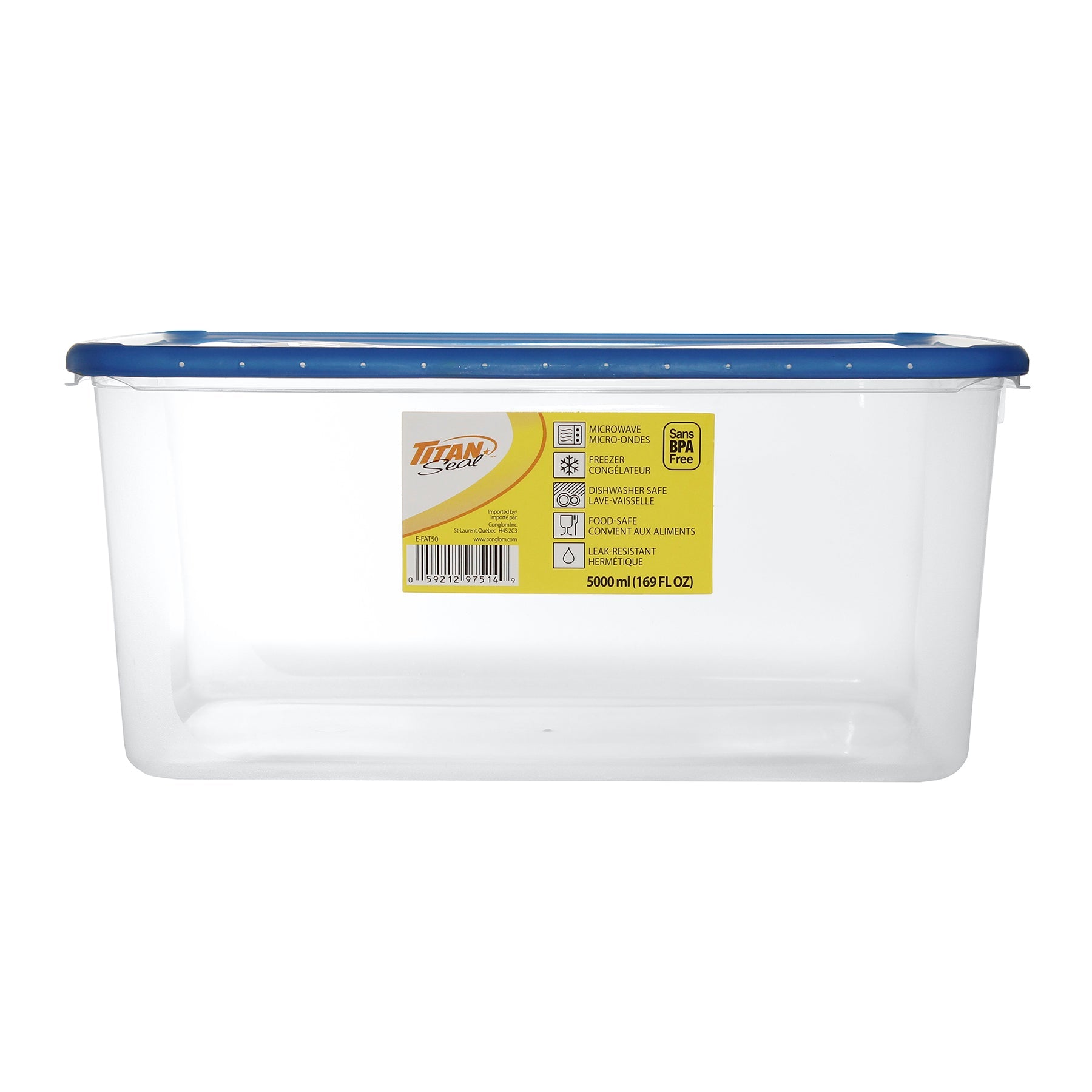 Titan Seal Plastic Food Container with Lid 169oz 10x6.75x5in
