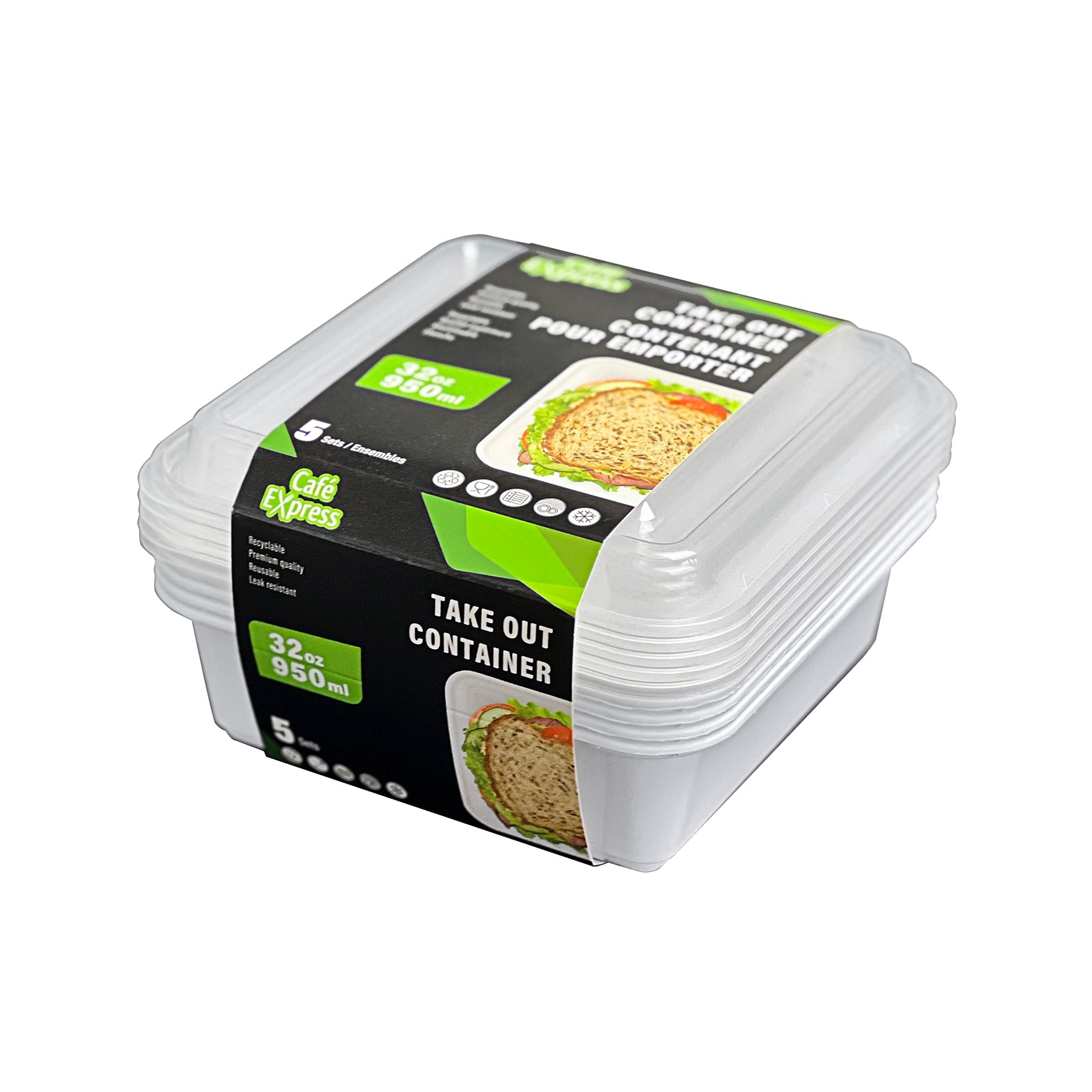 Café Express 5 Take Out Plastic Containers with Lid 32oz 5.8x5.8x2in