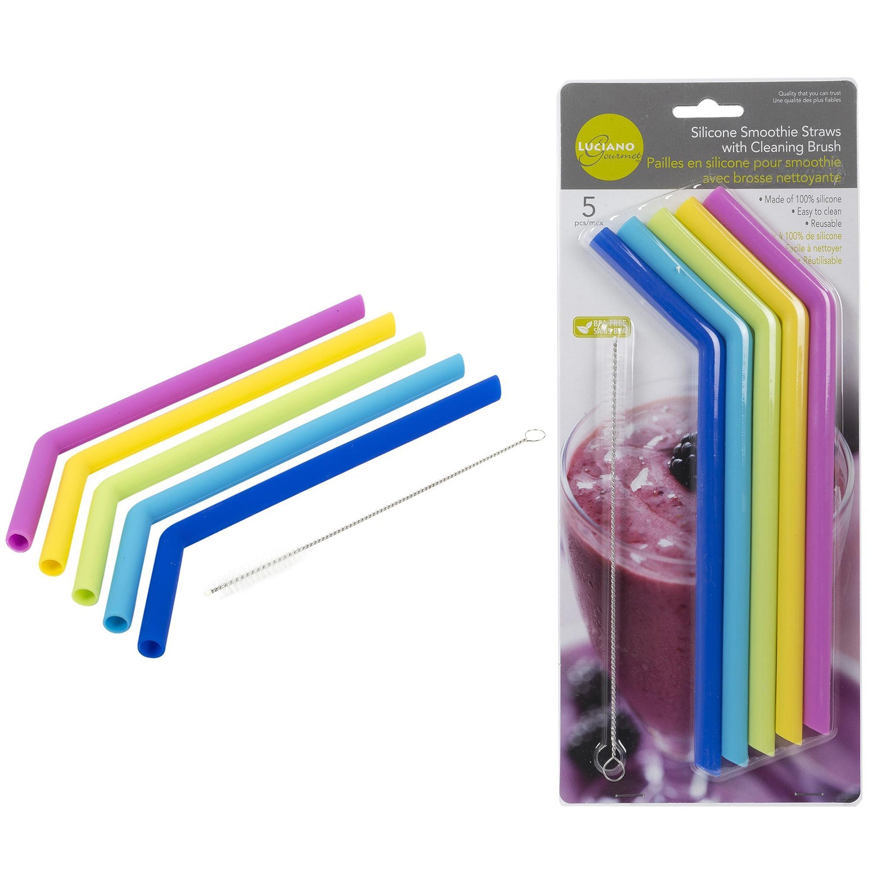 Luciano Gourmet 5 Smoothie Silicone Straws with Brush