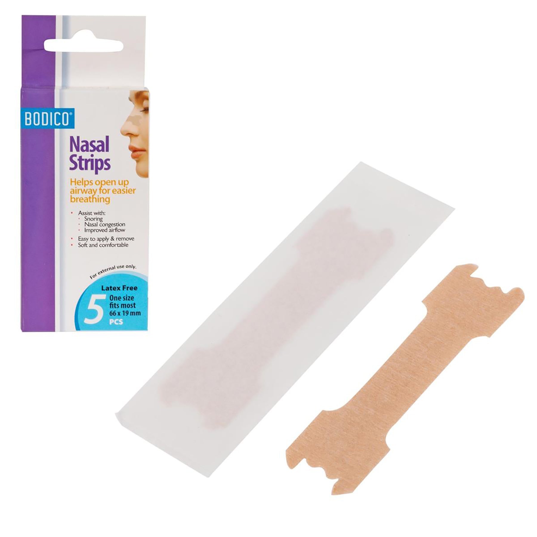 Bodico 5 Nasal Snore Strips Latex Free 2.16x0.66in each