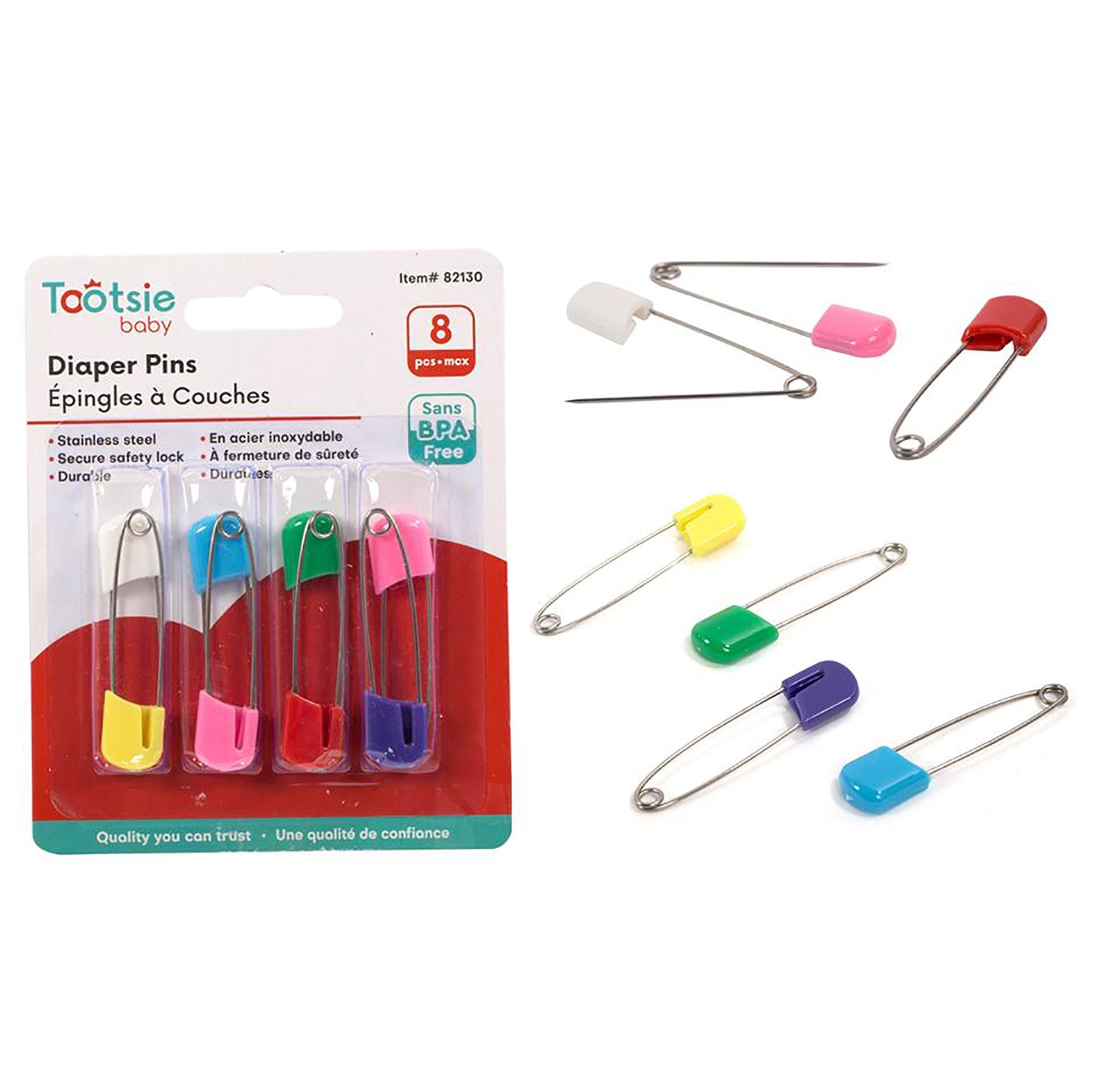 Tootsie Baby 8 Baby Diaper Pins Stainless Steel 2in