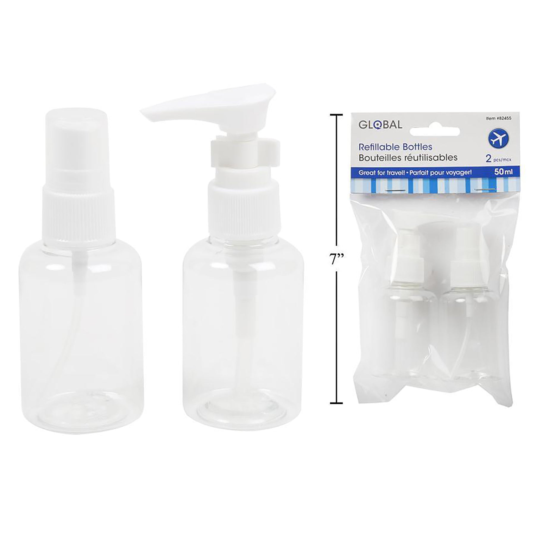 Global 2 Travel Bottles 1 Pump + 1 Spray 1.7oz each