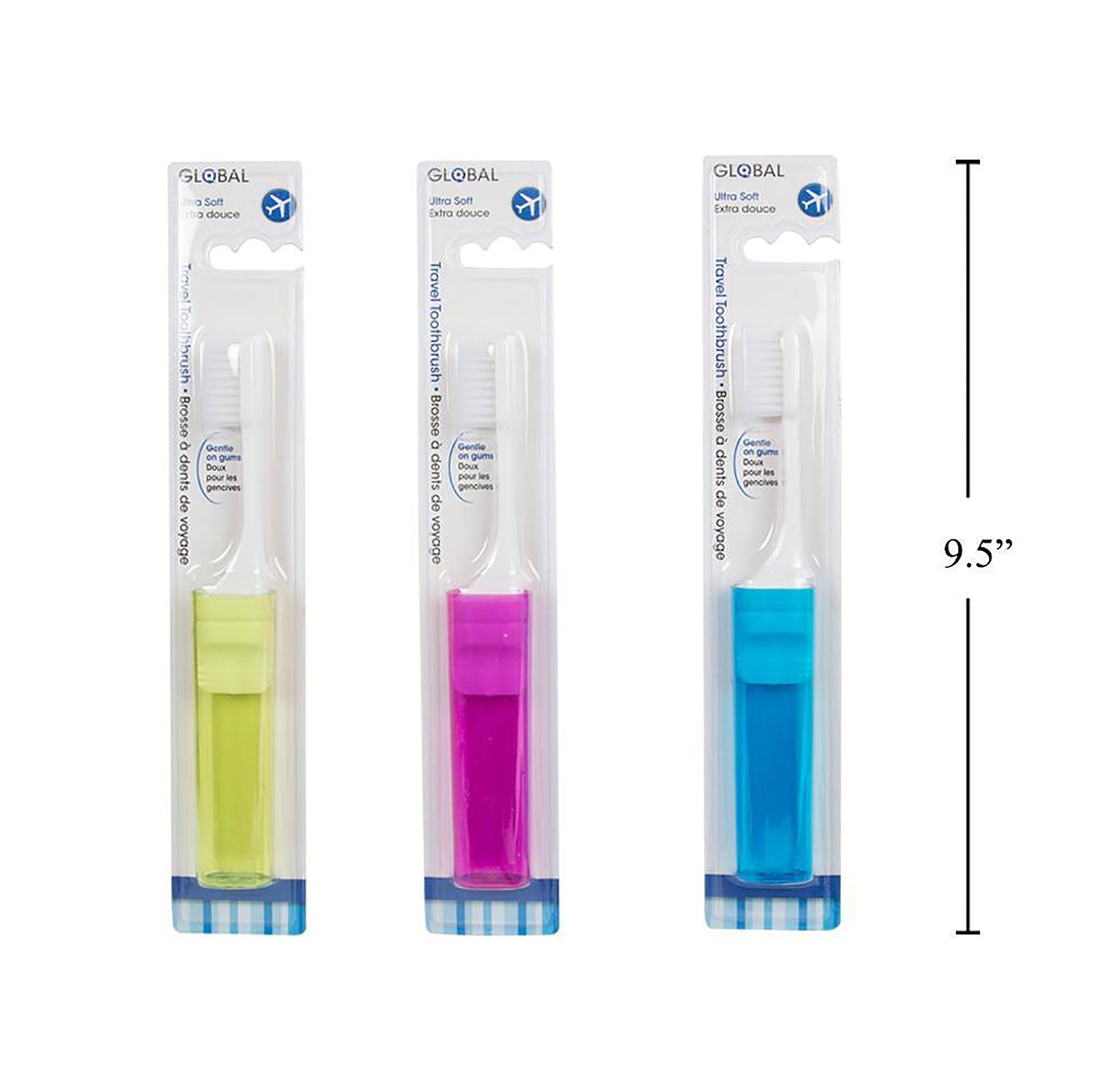 Global Travel Toothbrush with Extra-Soft Tapered Bristles 6.5in 4.5in folded