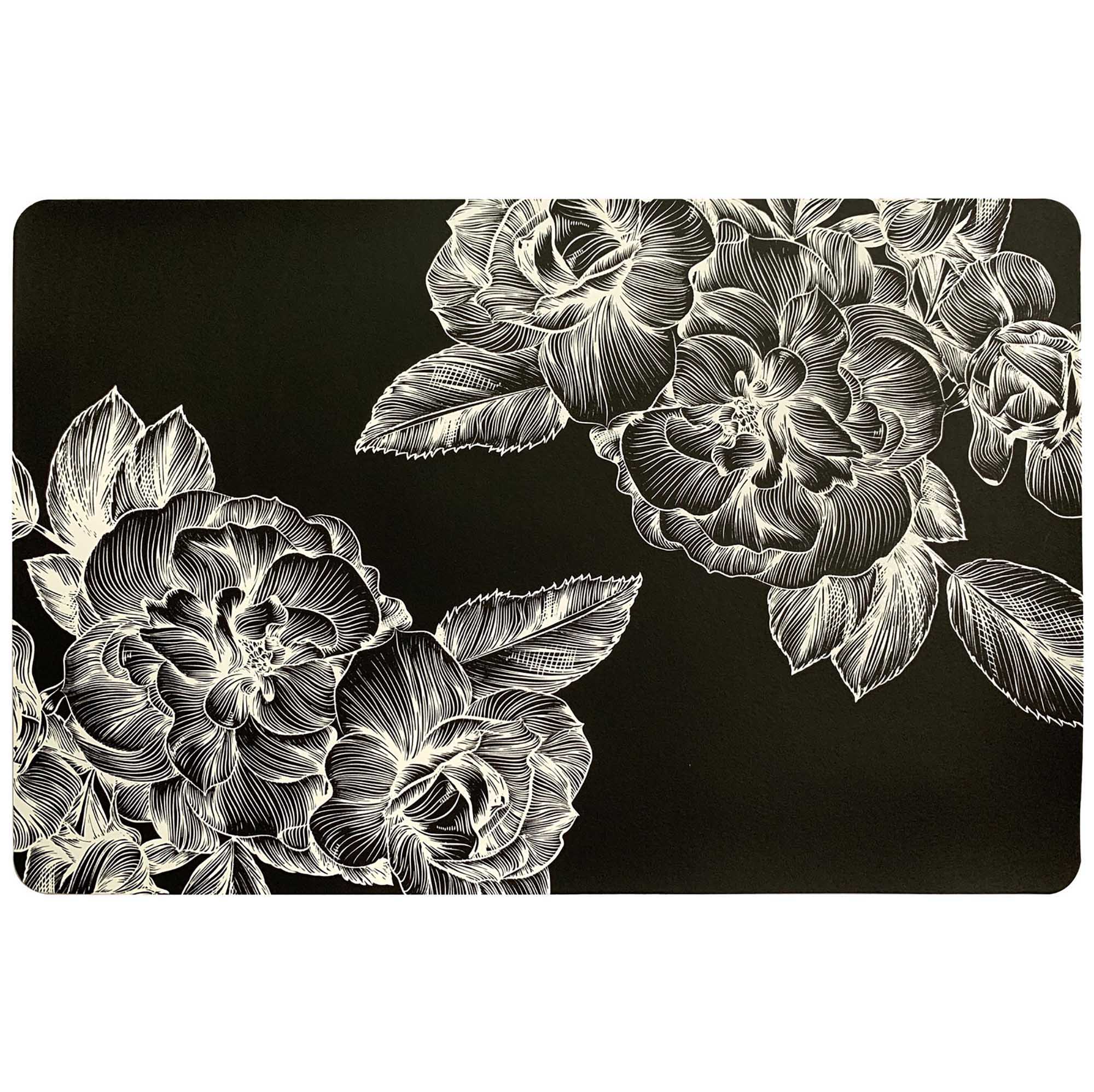 Black PVC Printed Floral Placemat 17x11.2in