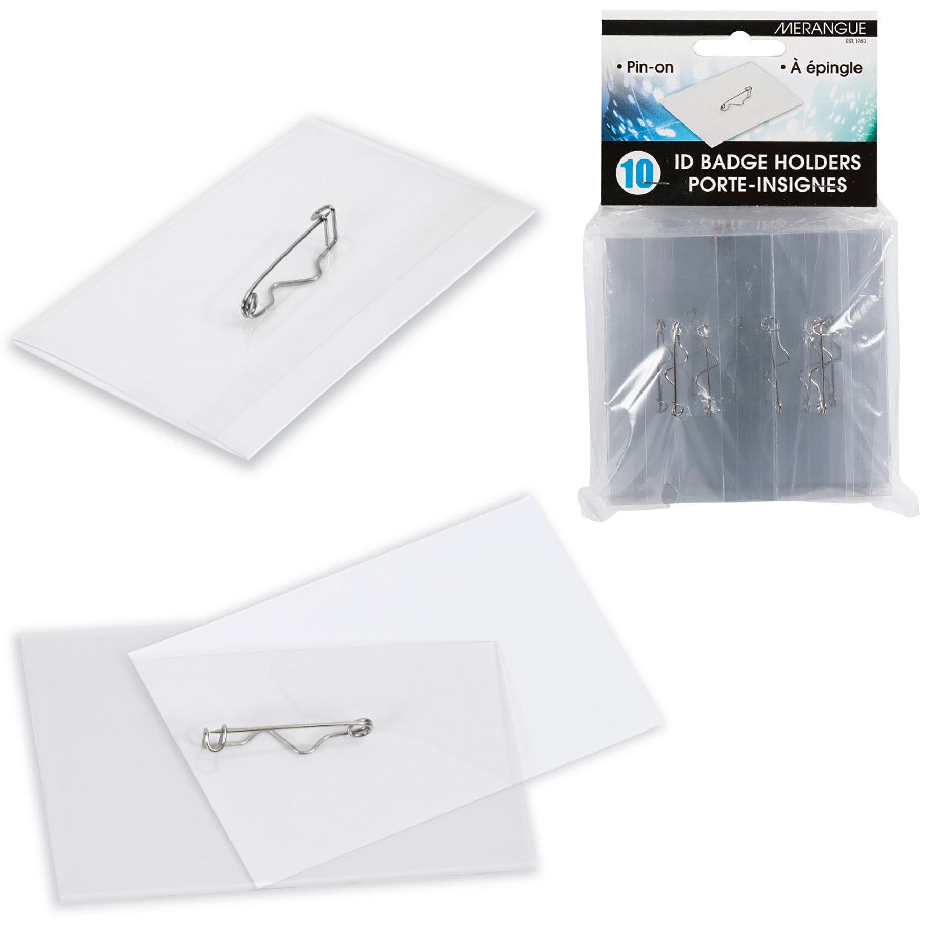 Merangue 10 Pin-on ID Badge Holders Fits 3.5x2.25in Card Included