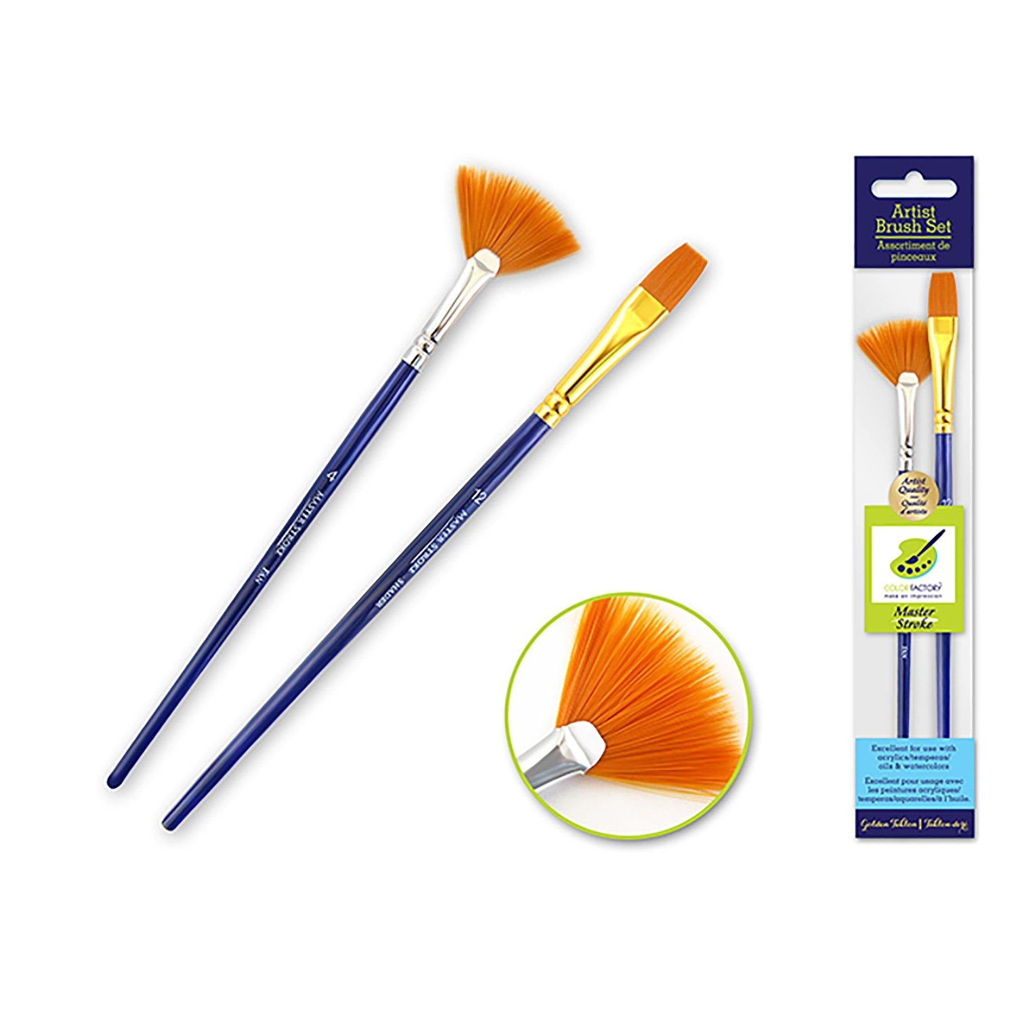 Fan #4 + Flat #12 Artist Brush Set: Master Stroke Set X2 Fan/Flat Goldennylon - Dollar Max Dépôt