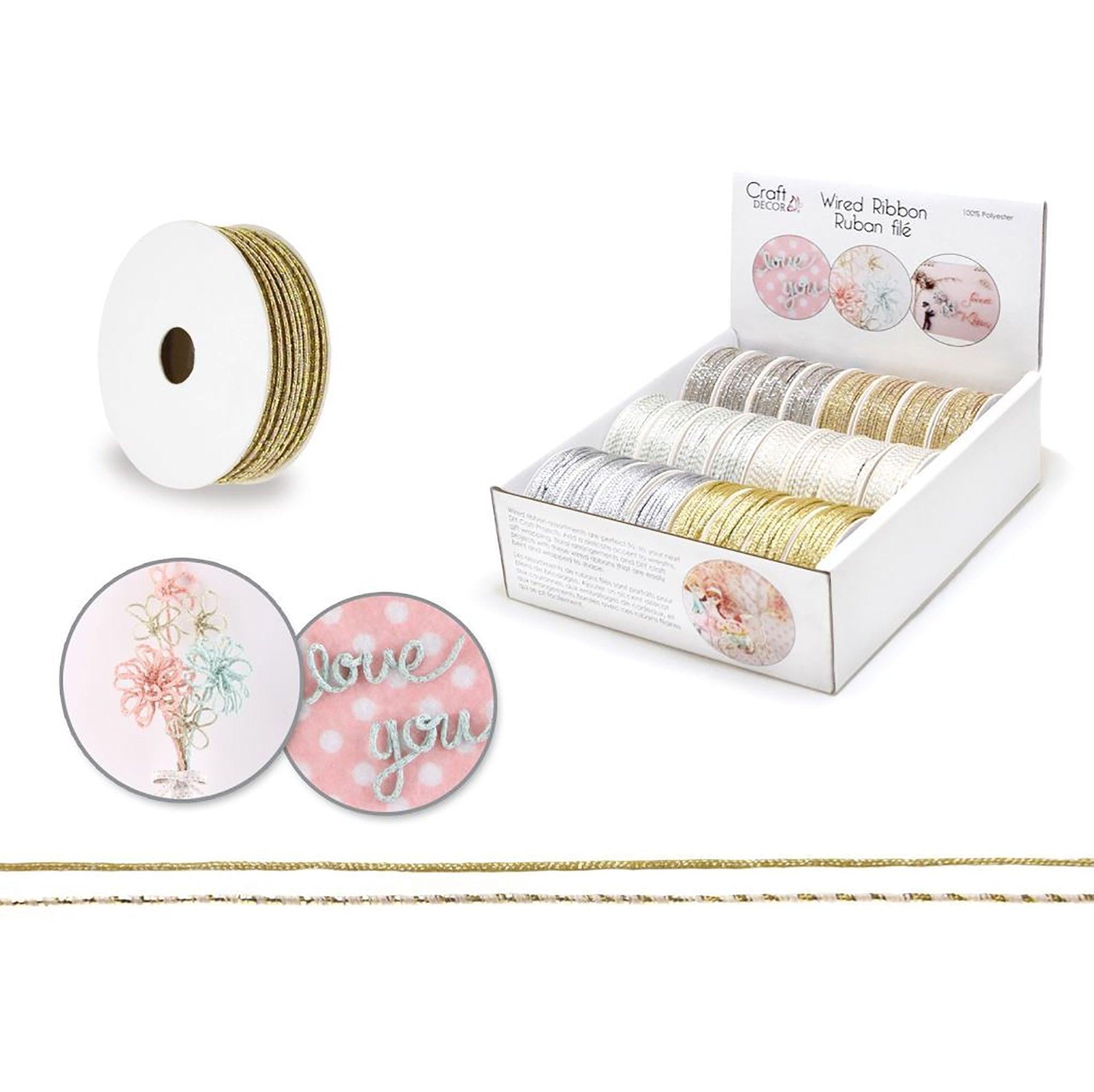 Craft Décor Ribbons & Trims: 2mm Wired Ribbon 3yrd Rolls x24 Asst A) Metallique - Dollar Max Depot