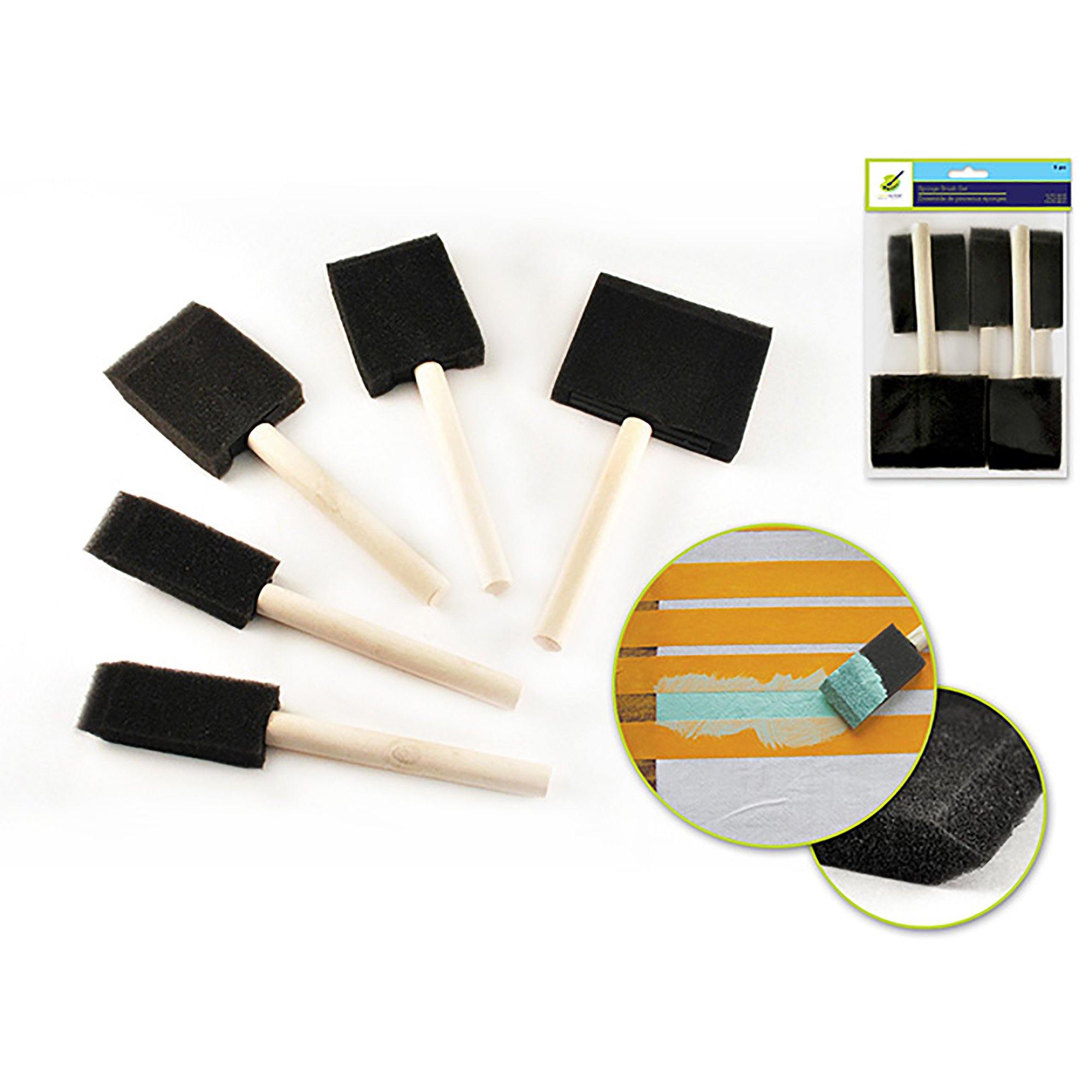 Color Factory: Sponge Brush 5/Pk 1"+2"+3" W/Wood Handle - Dollar Max Dépôt