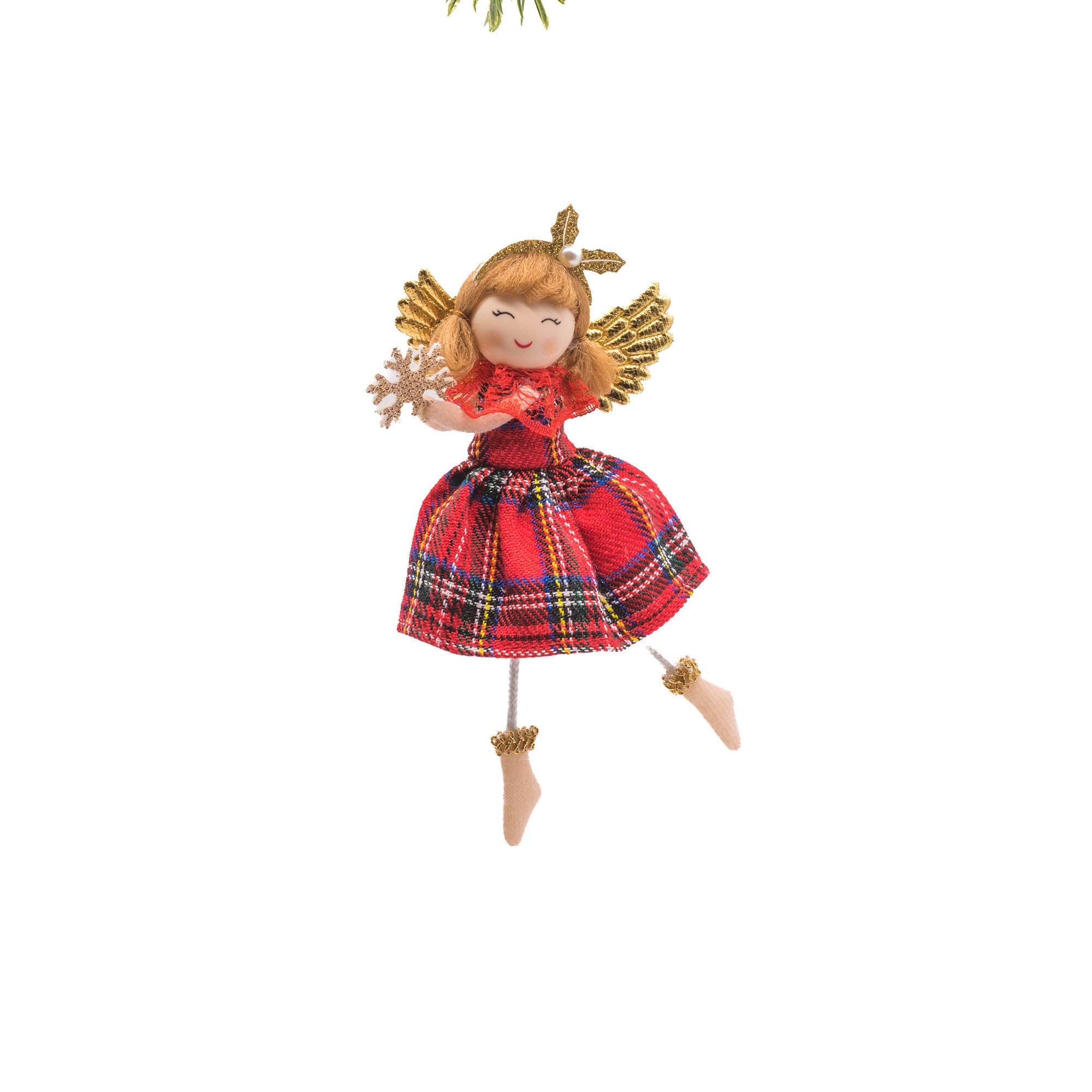 Red and Gold Cloth Hanging Prancing Cherub Holding Snowflake Ornament 4L x 1W x 6H in
