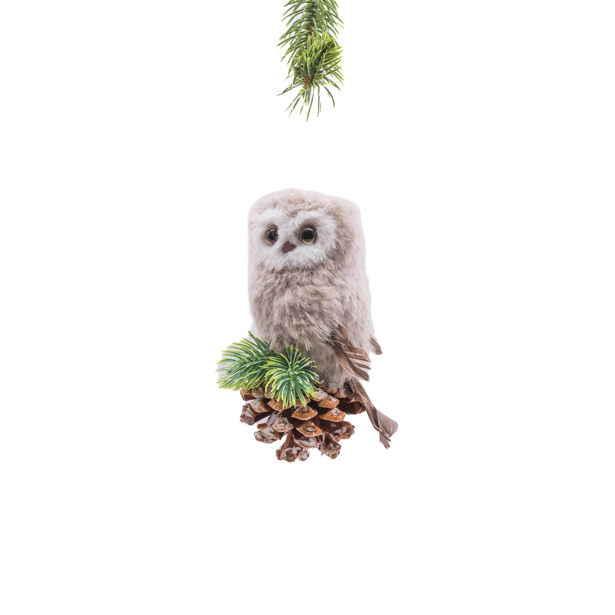 Grey Cloth Hanging Watchful Owl on Pinecone Ornament 3.5L x 2.5W x 6H in