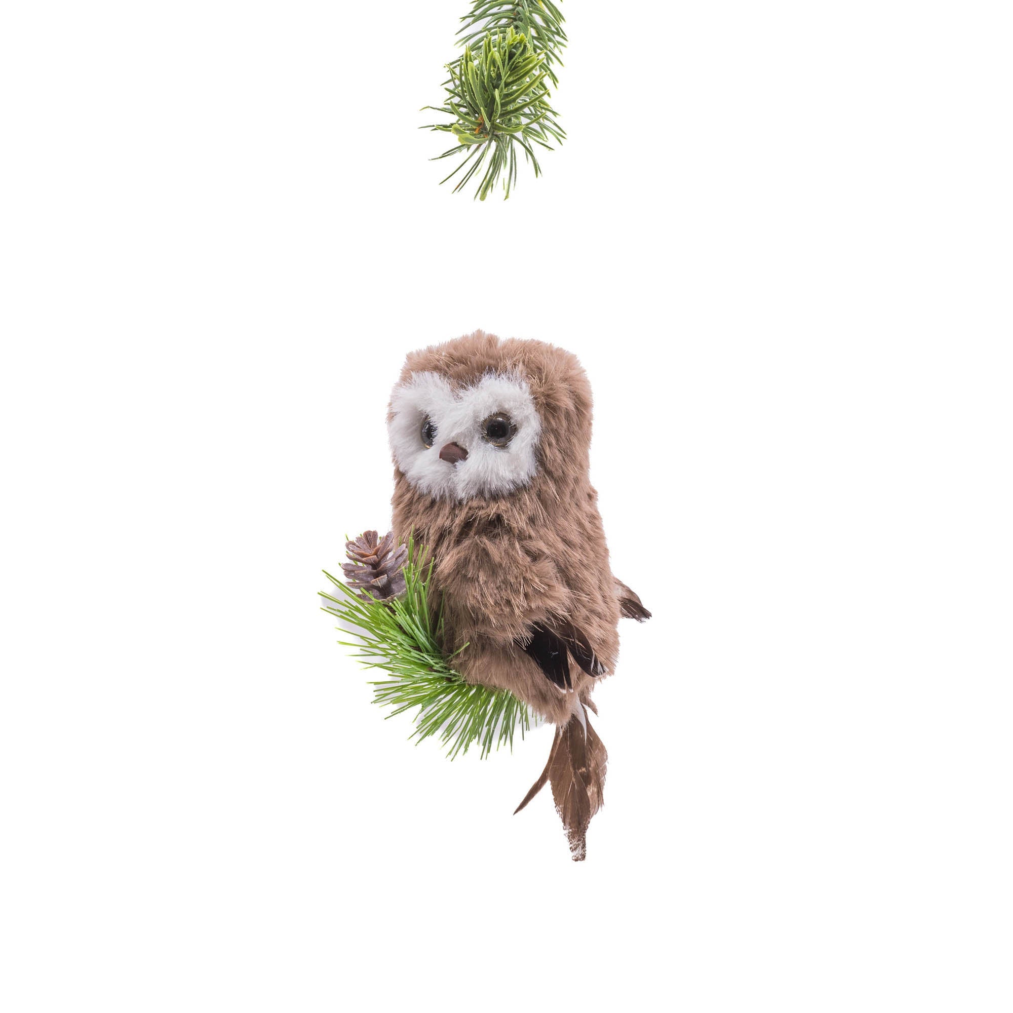 Brown Cloth Hanging Watchful Owl on Pine Branch Ornament 4L x 2.5W x 5.5H in