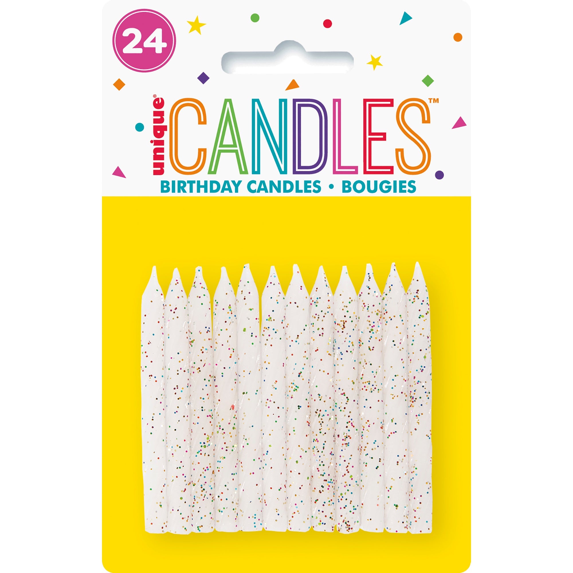 24 Birthday Candles Spiral White and Glitter 2.5in