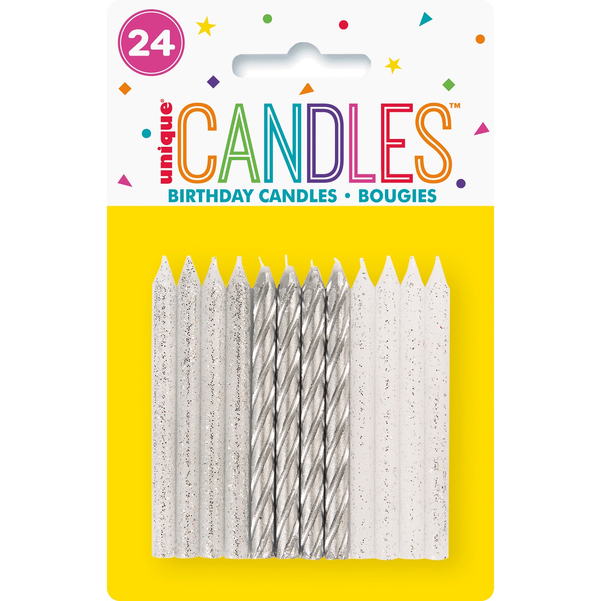24 Birthday Candles Spiral Silver Mix 2.75in