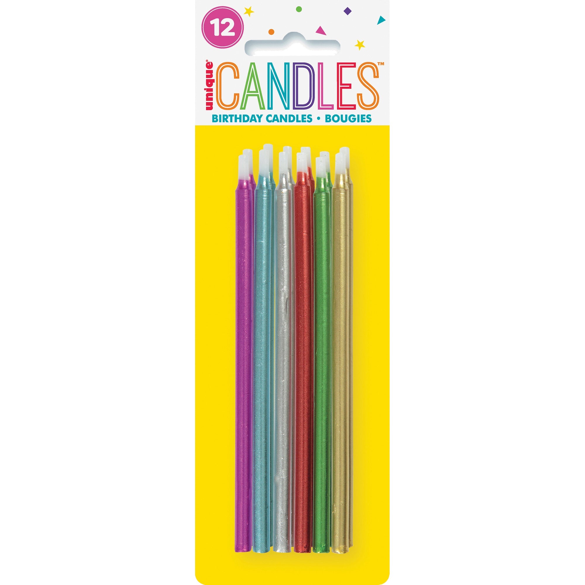12 Birthday Candles Metallic Assorted 5in