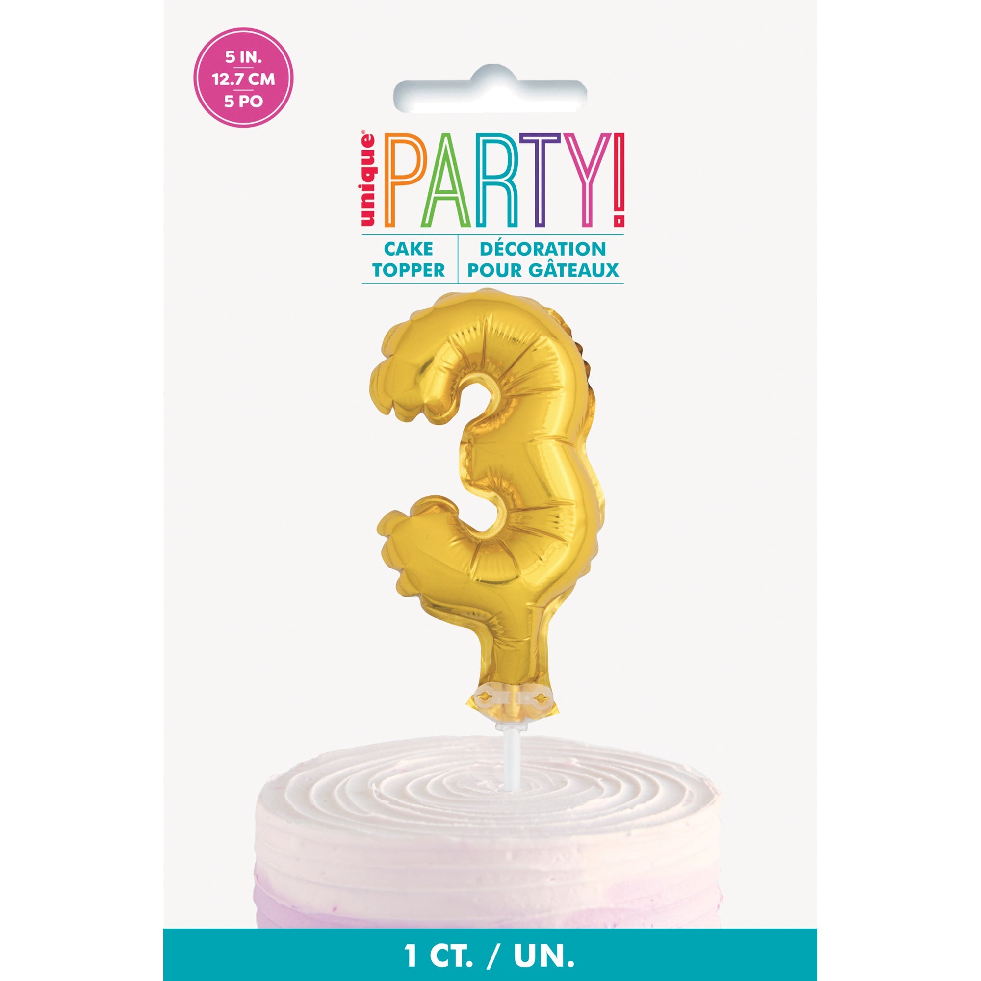 Age 3 Gold Numeral Foil Balloon Cake Topper 5in