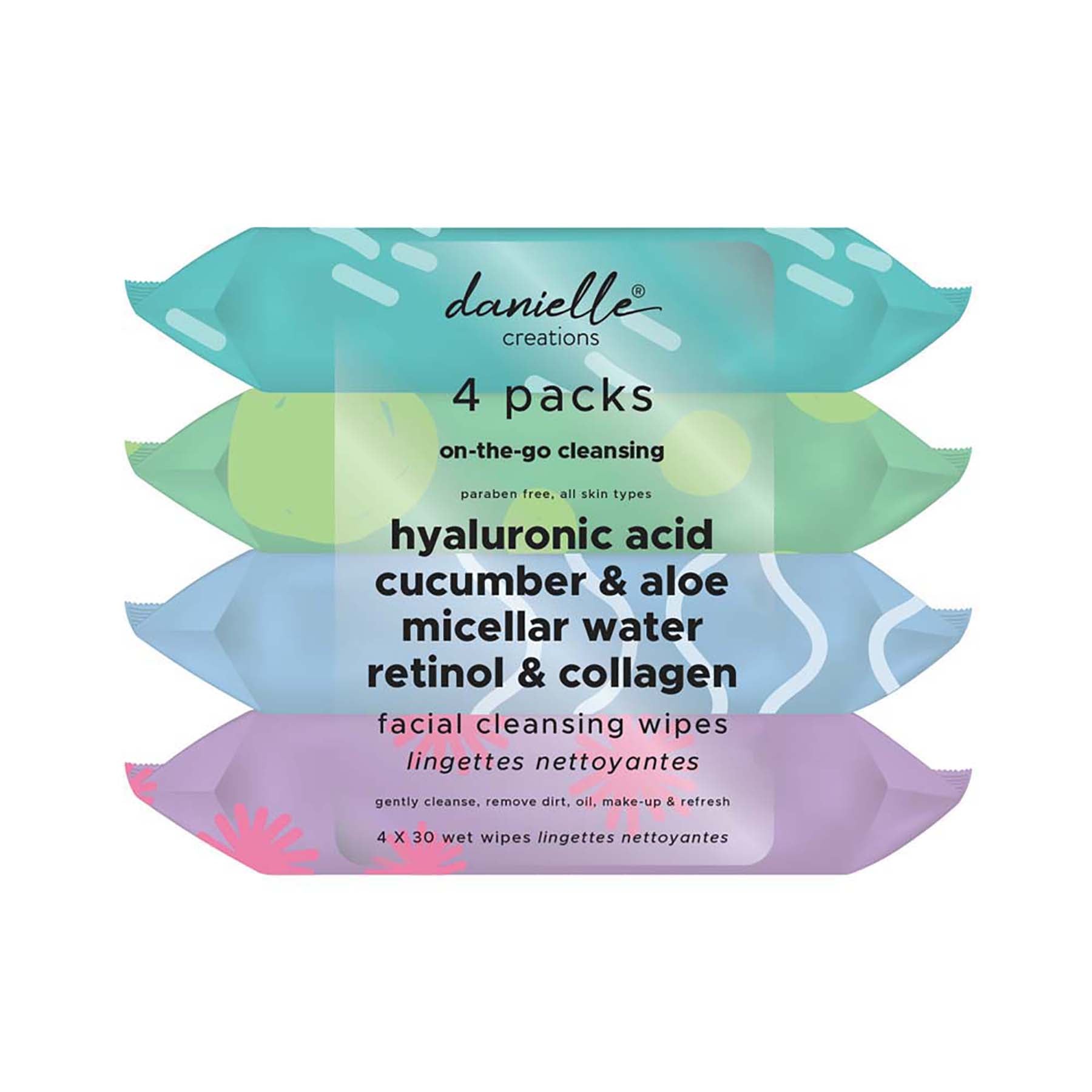 Danielle Creations 4 Pack Facial Cleansing Wipes - Hyalyronic Acid-Cucumber & Aloe-Micellar Water-Collagen & Retinol