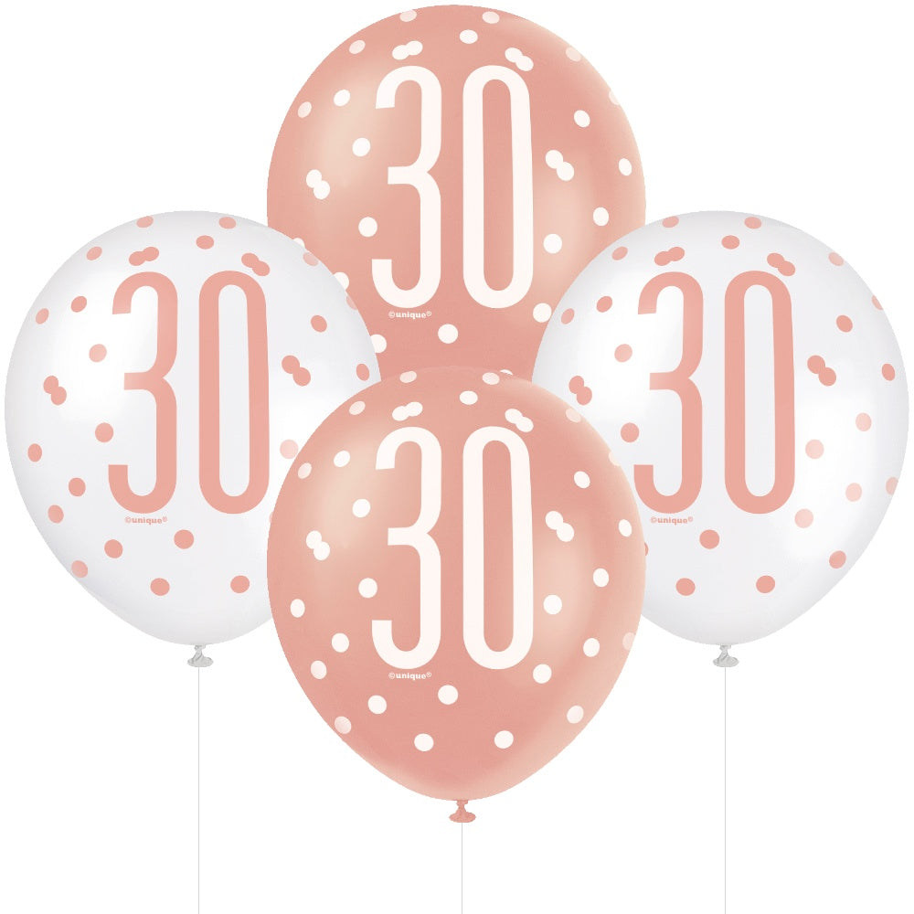 Age 30 6 Printed Latex Balloons 12in Pink and White