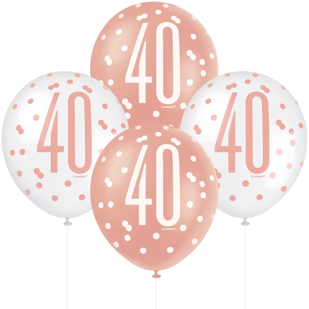 Age 40 6 Printed Latex Balloons 12in Pink and White