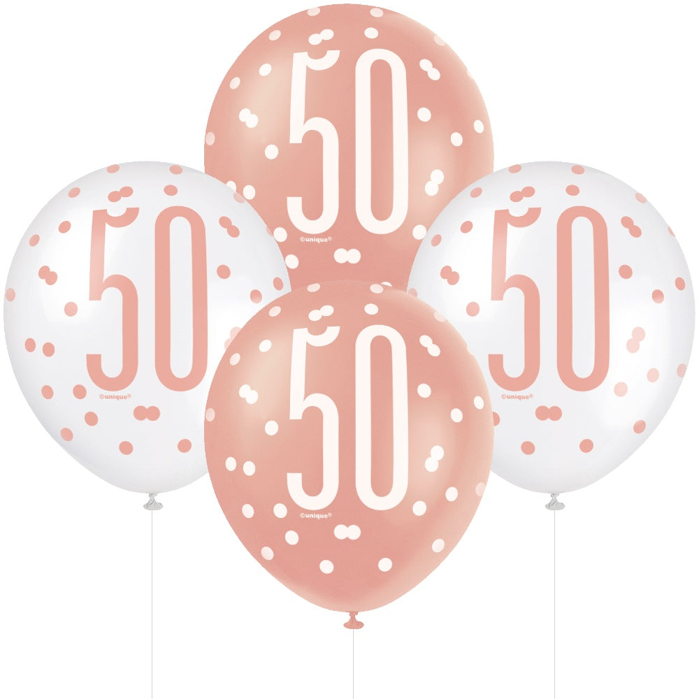 Age 50 6 Printed Latex Balloons 12in Pink and White