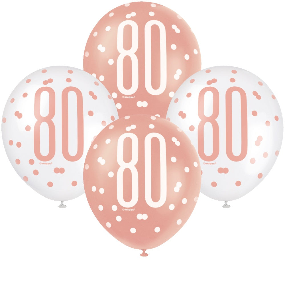 80 Ans 6 Ballons Latex 12po Imprimés Rose et Blanc 