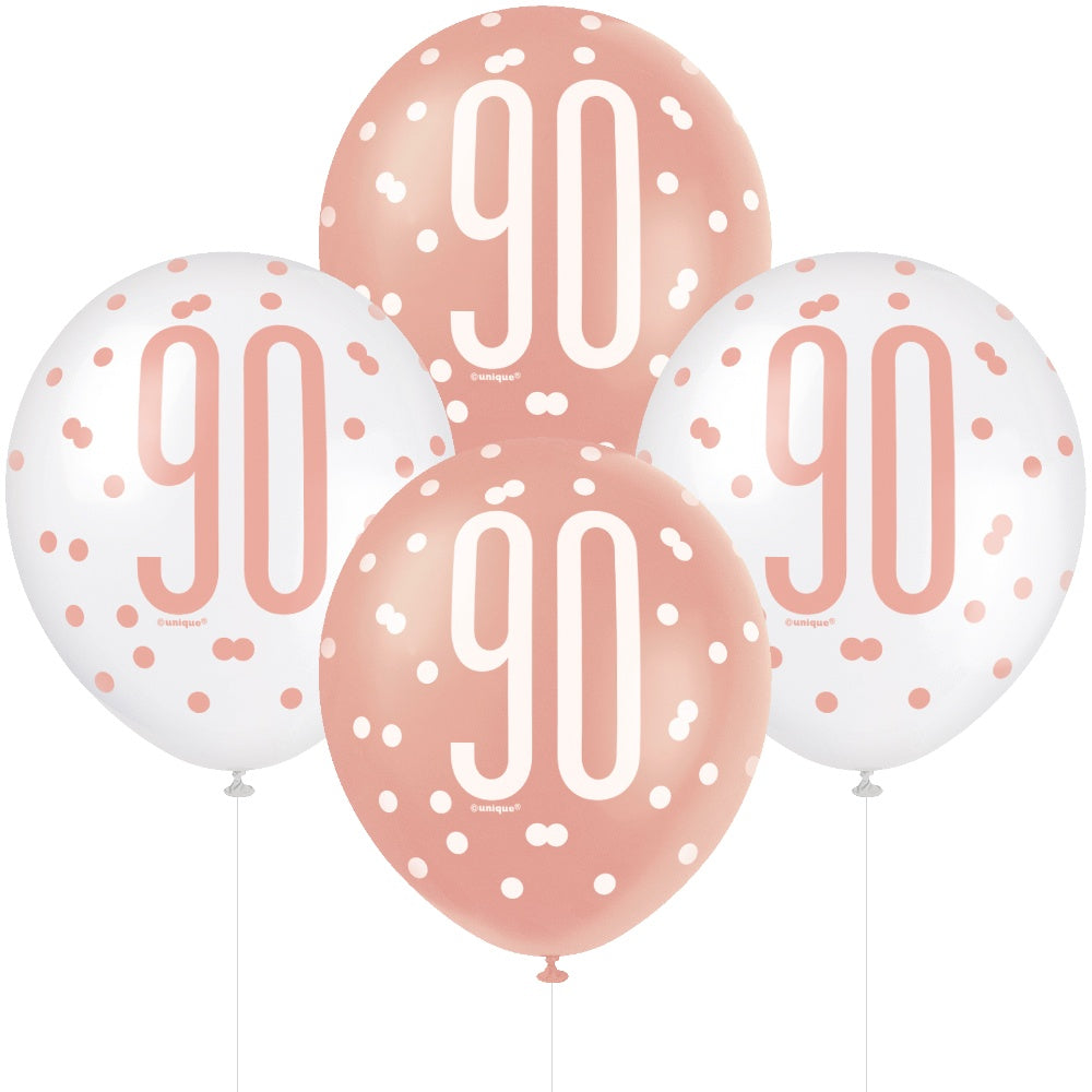 Age 90 6 Printed Latex Balloons 12in Pink and White