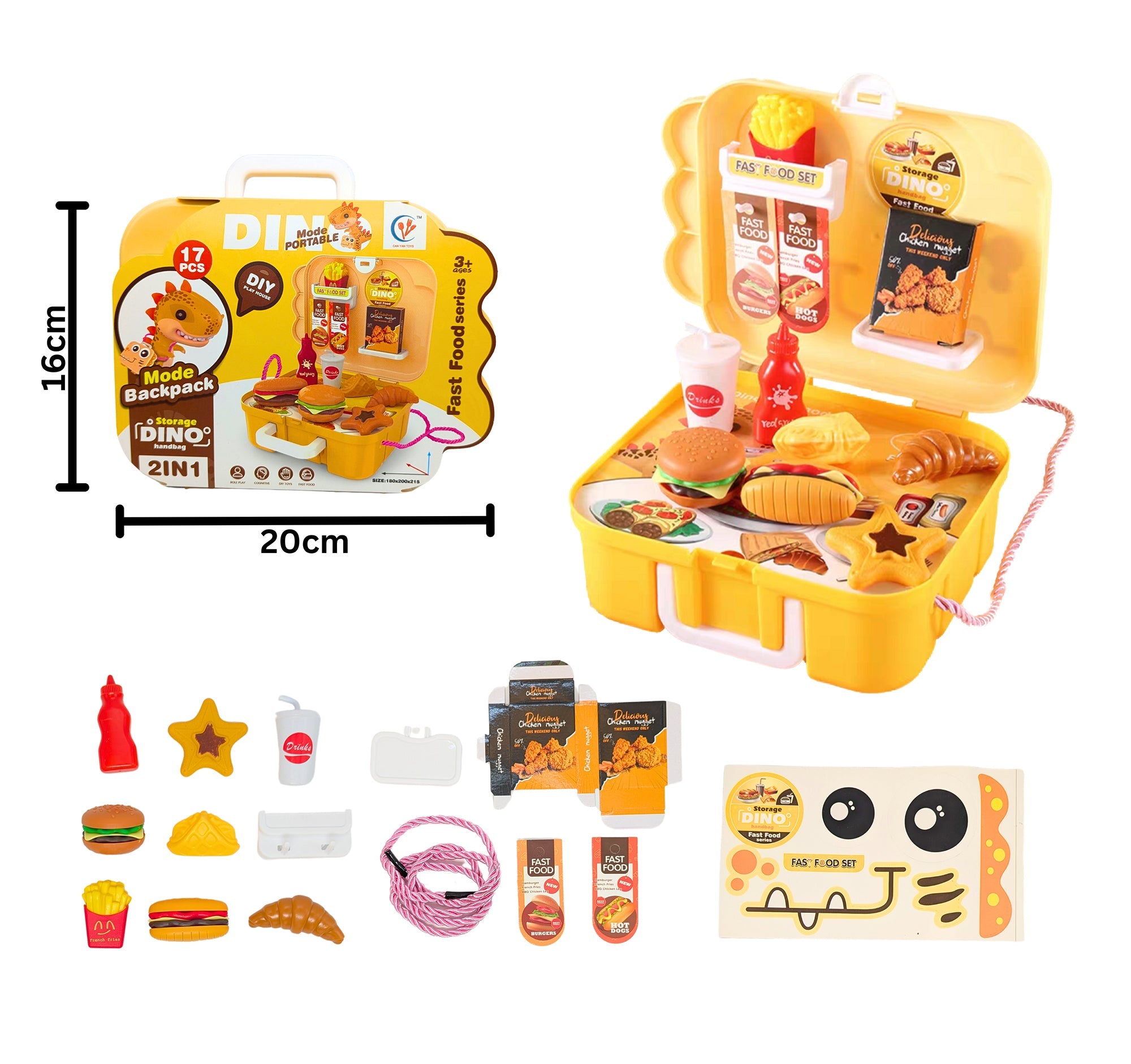 17pcs Storage Dino Handbag Fast Food Series Age 3+  8x3x6in 