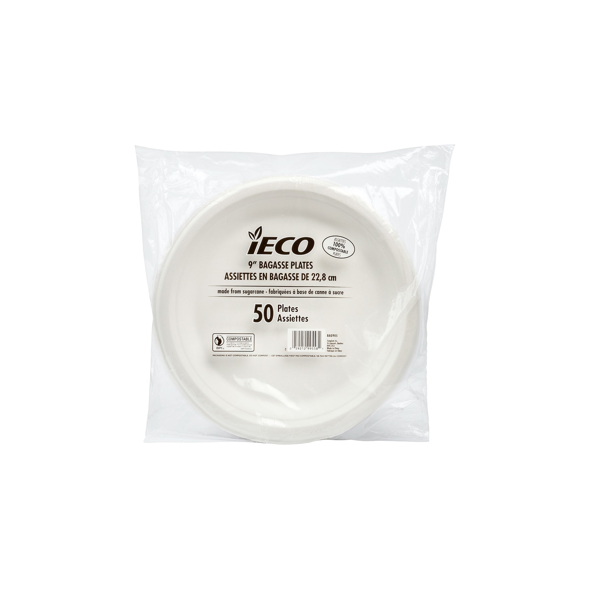 iECO 50 Round Compostable White Bagasse Plates 9in 