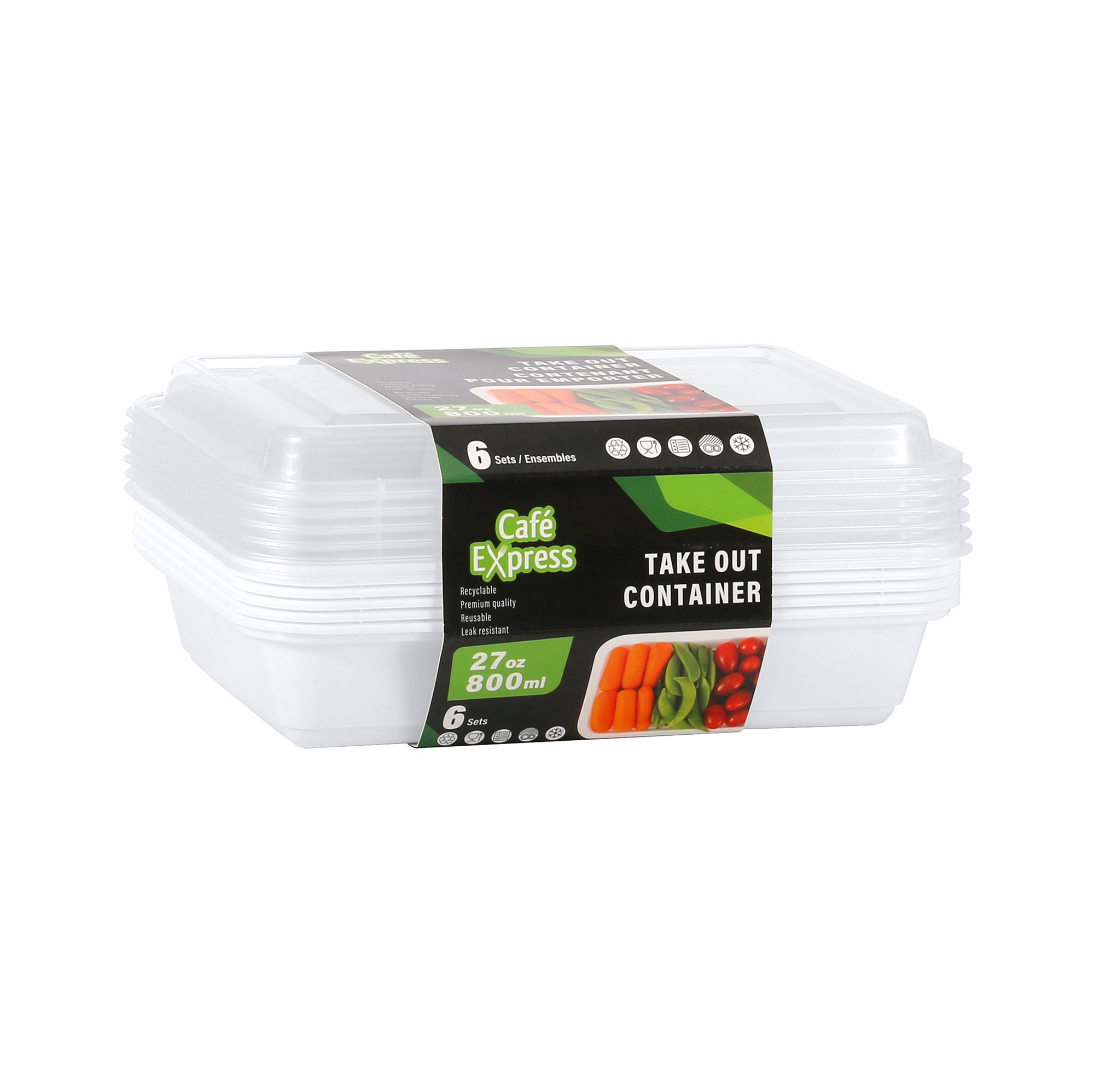 Café Express 6 Plastic Take Out Containers with Lids 800ml (27oz) 8x5.5x1.5in