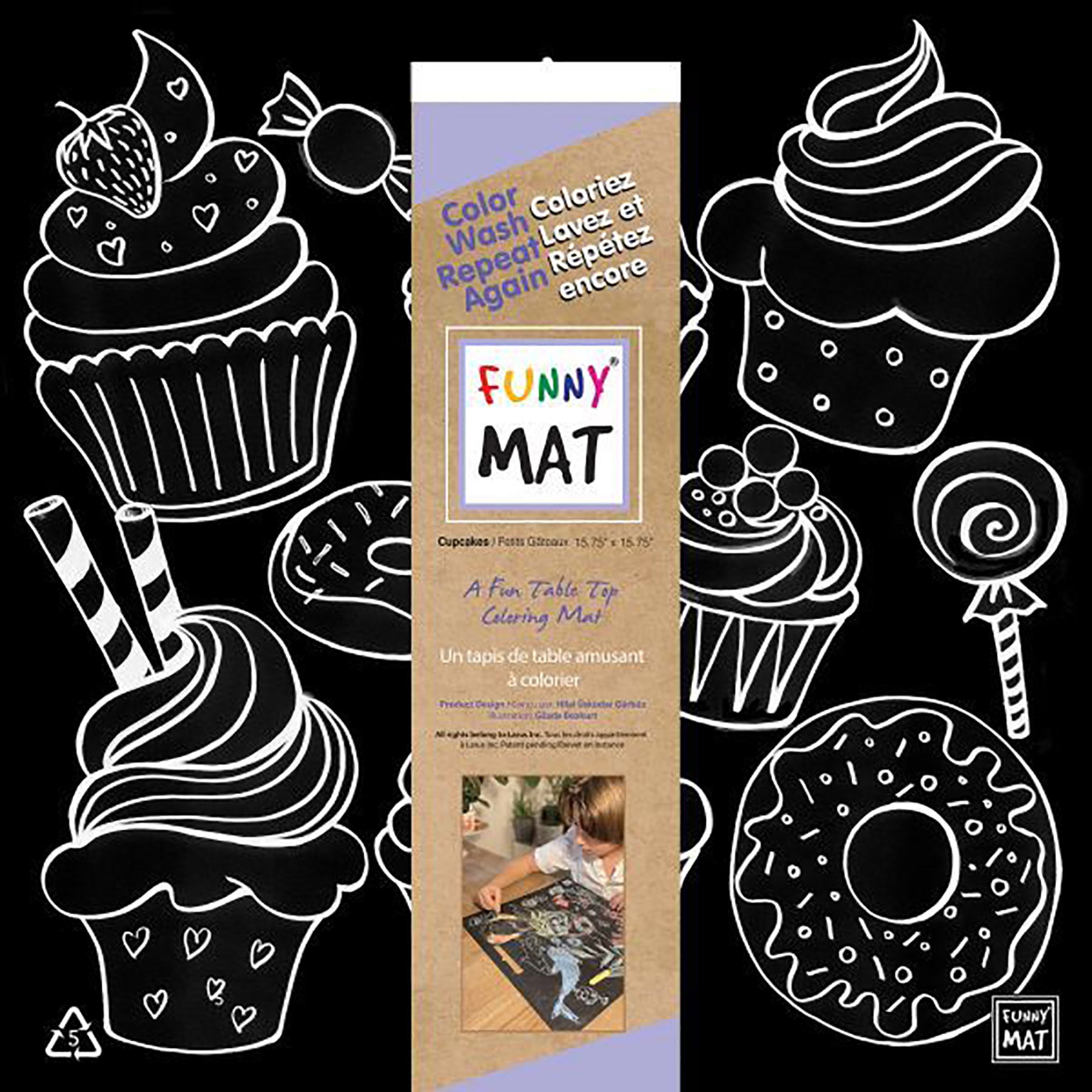 Funny Mat Coloring Placemat - Cupcake - Black Background 15.75x15.75in