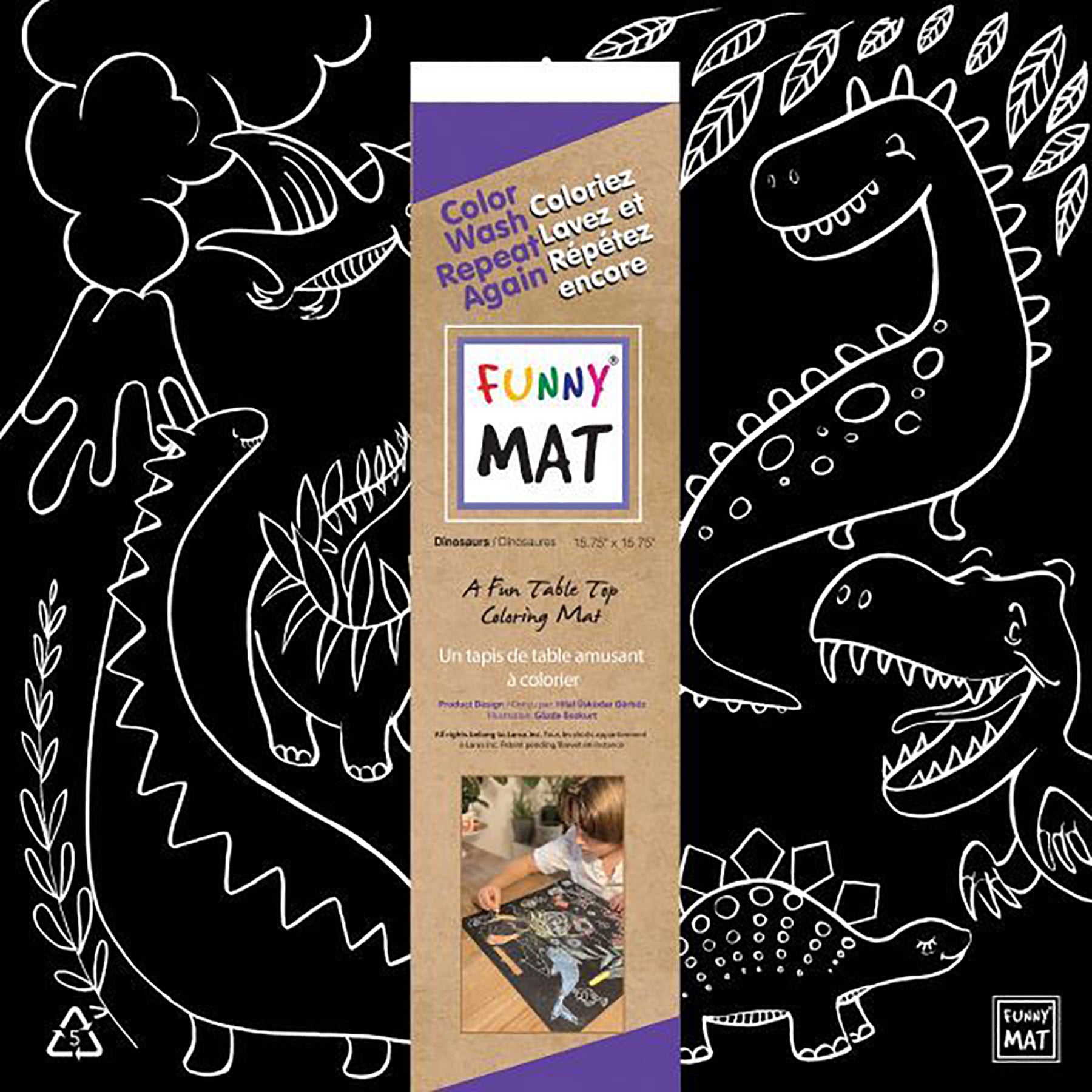 Funny Mat Coloring Placemat - Dino - Black Background 15.75x15.75in