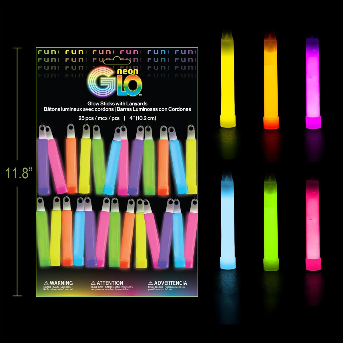 Neon Glo - 25 Glow Sticks - with Laynards - Assorted Colors 4in