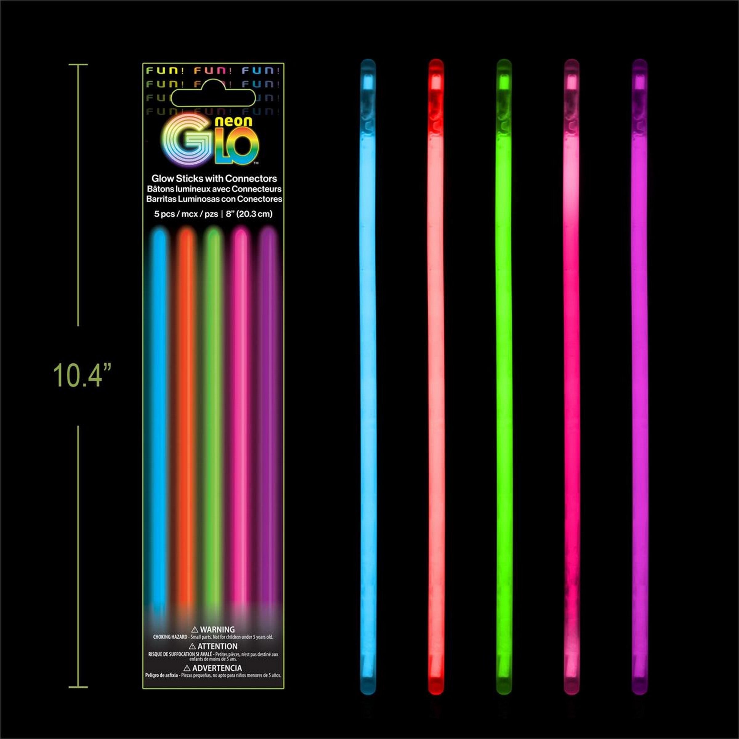 Neon Glo 5 Glow Sticks with Connectors - Assorted 8in