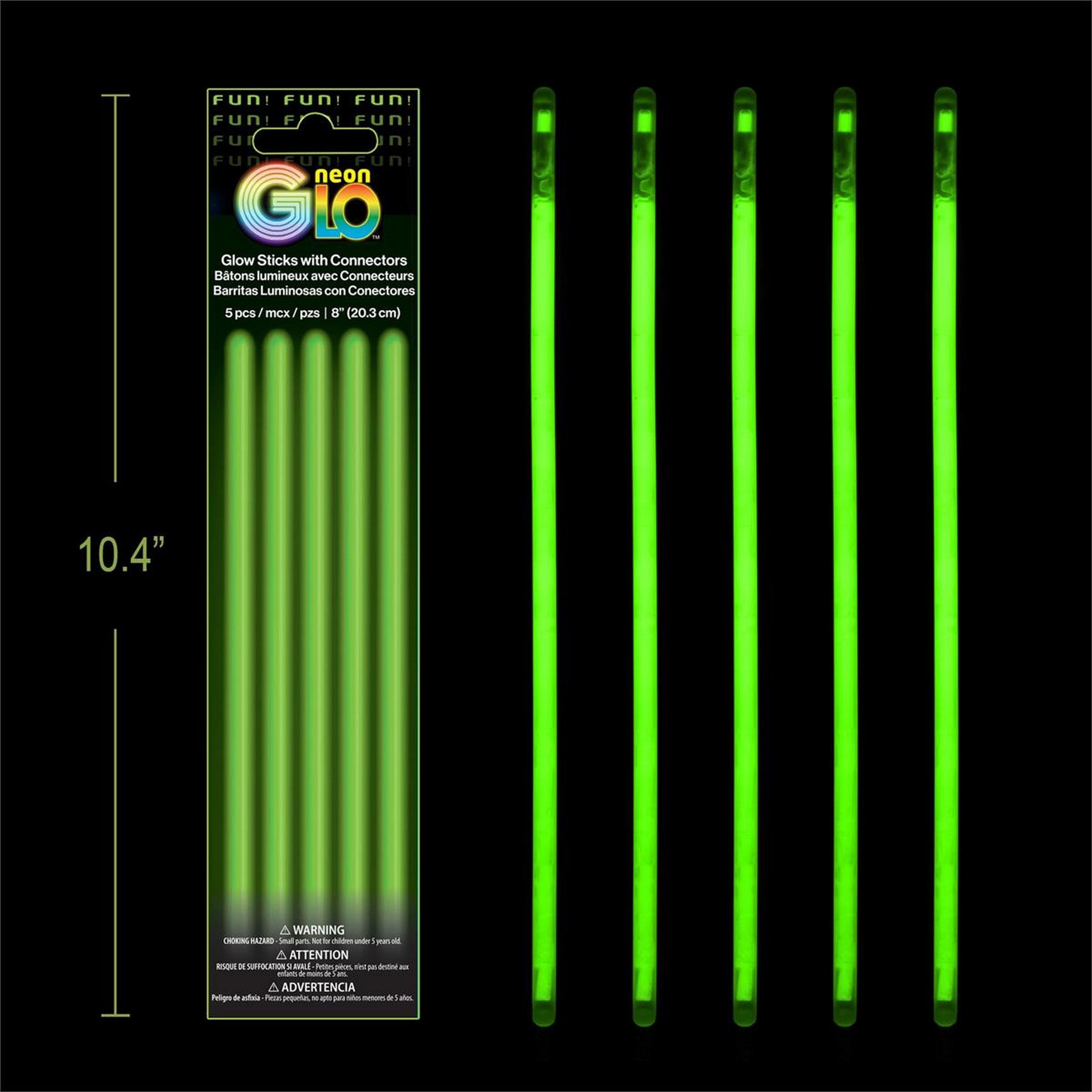 Neon Glo 5 Glow Sticks with Connectors - Green 8in