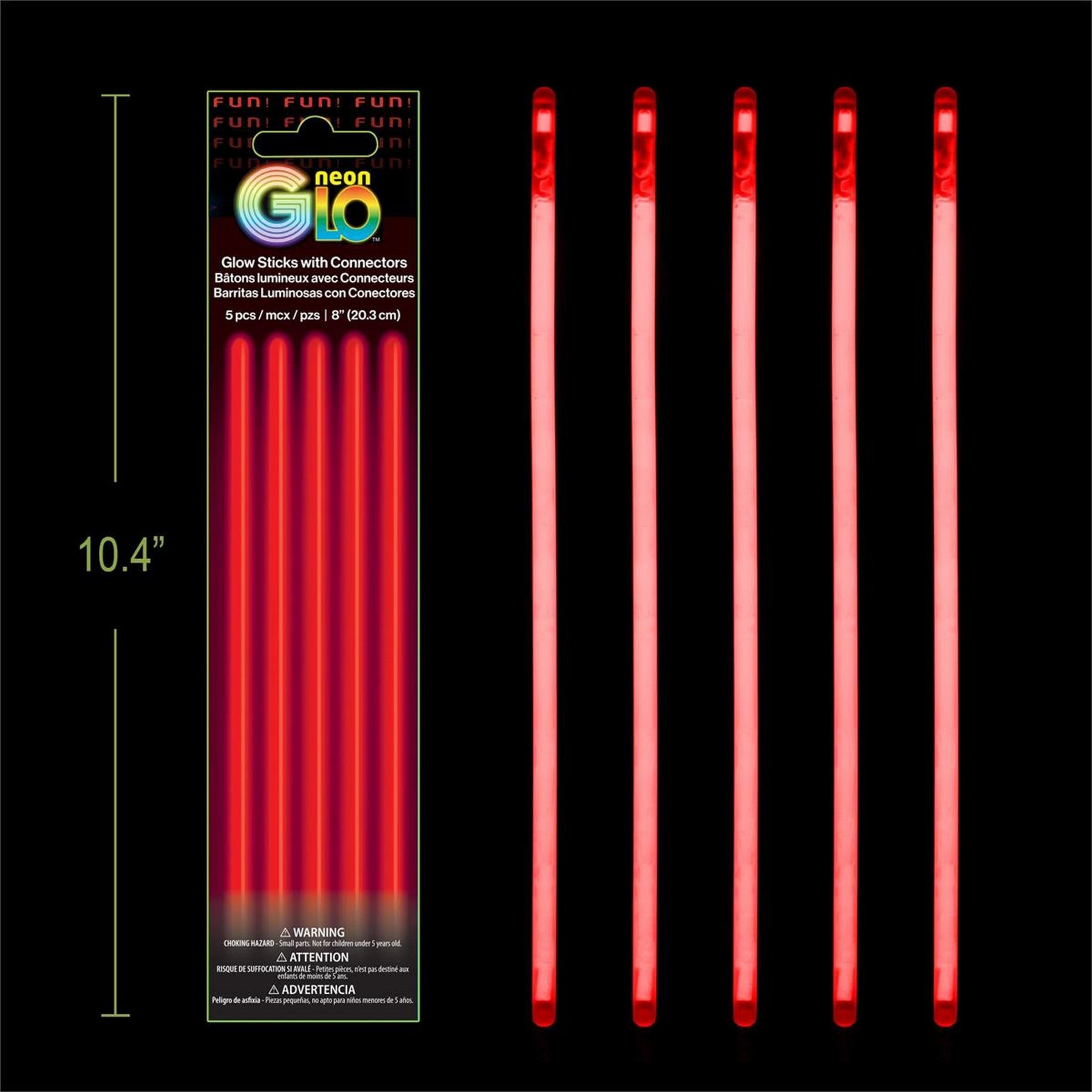Neon Glo 5 Glow Sticks with Connectors - Red 8in