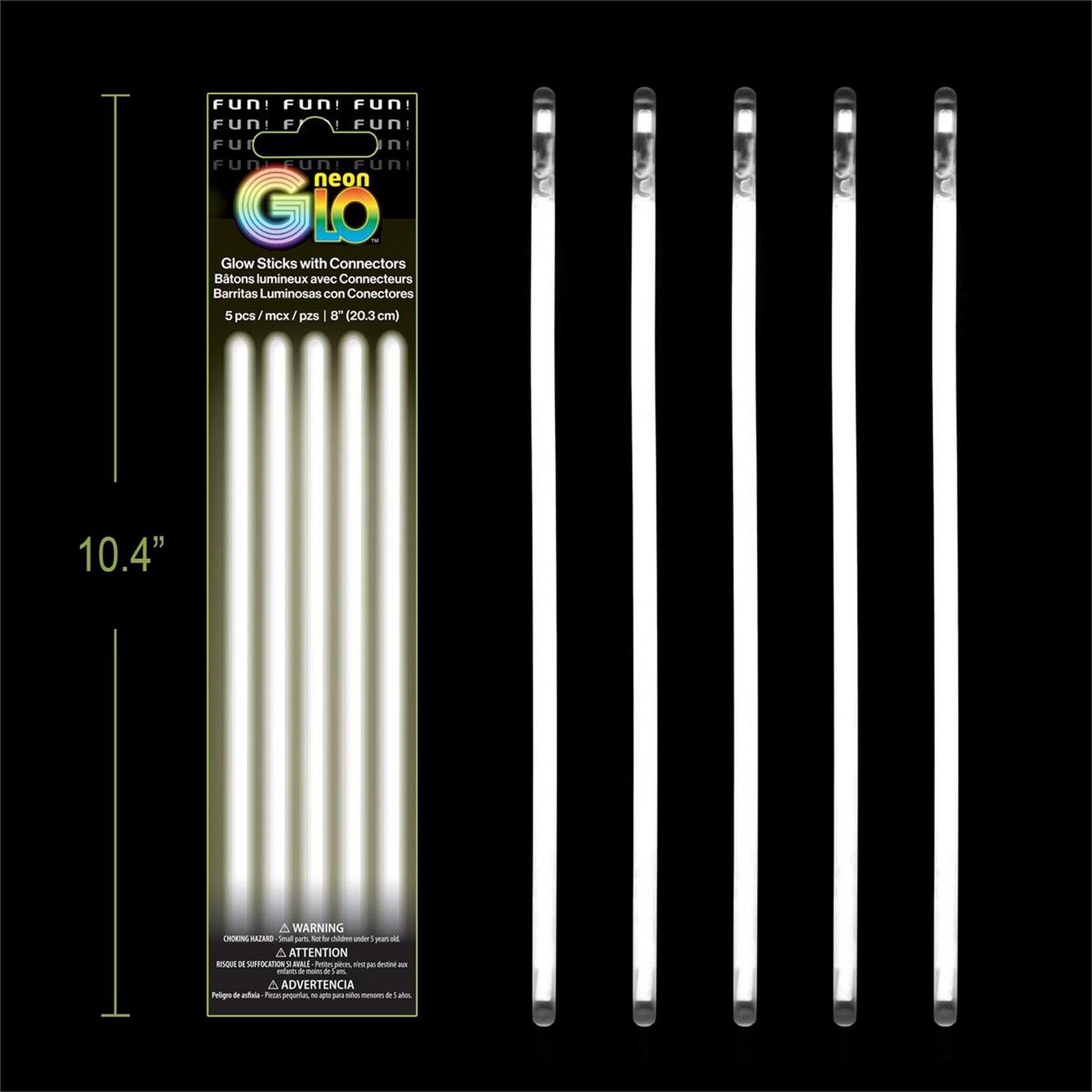 Neon Glo 5 Glow Sticks with Connectors - White 8in