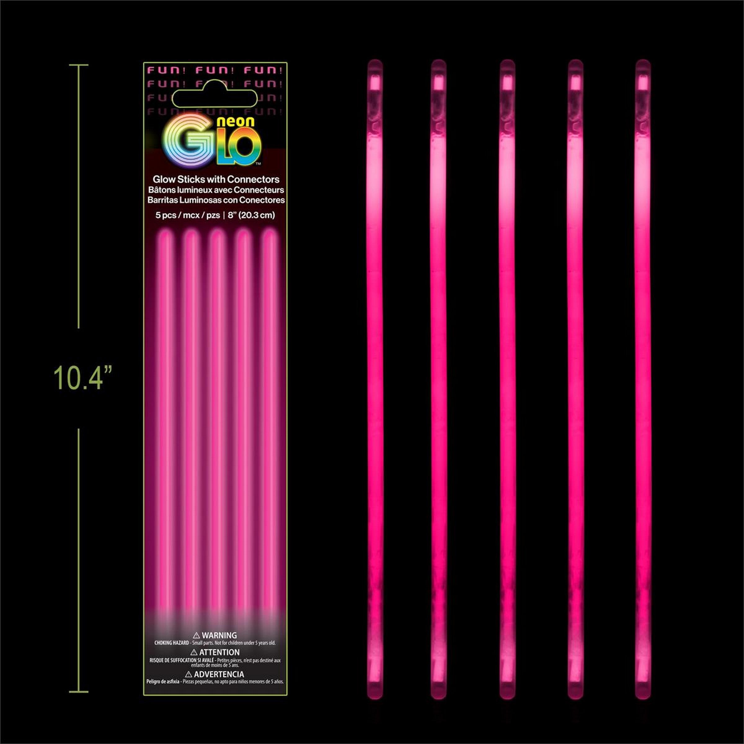 Neon Glo 5 Glow Sticks with Connectors - Pink 8in
