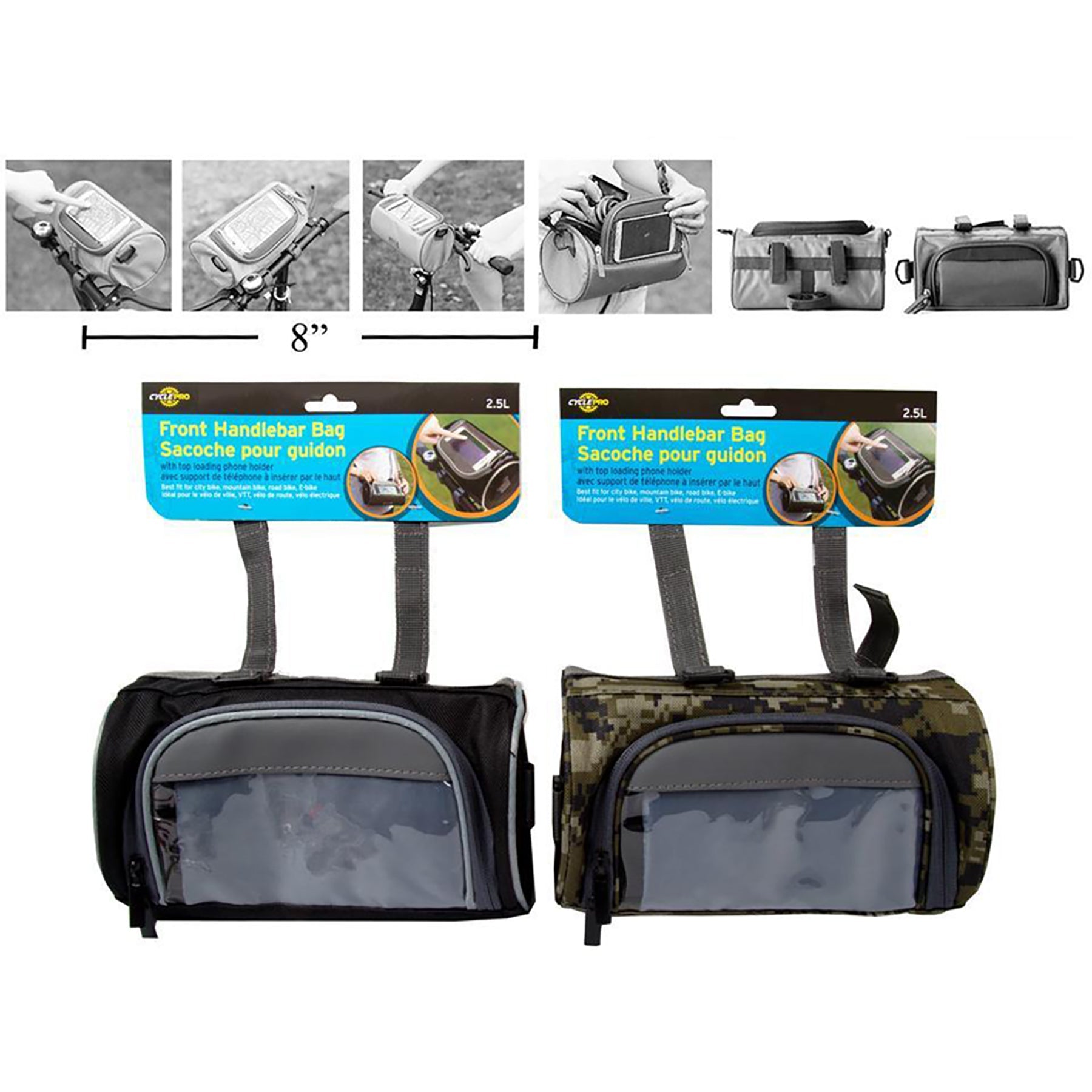 Cycle Pro Bicycle Front Handlebar Bag - Water Resistant 8.5x5.25x4.9in  2.5L  VRT 