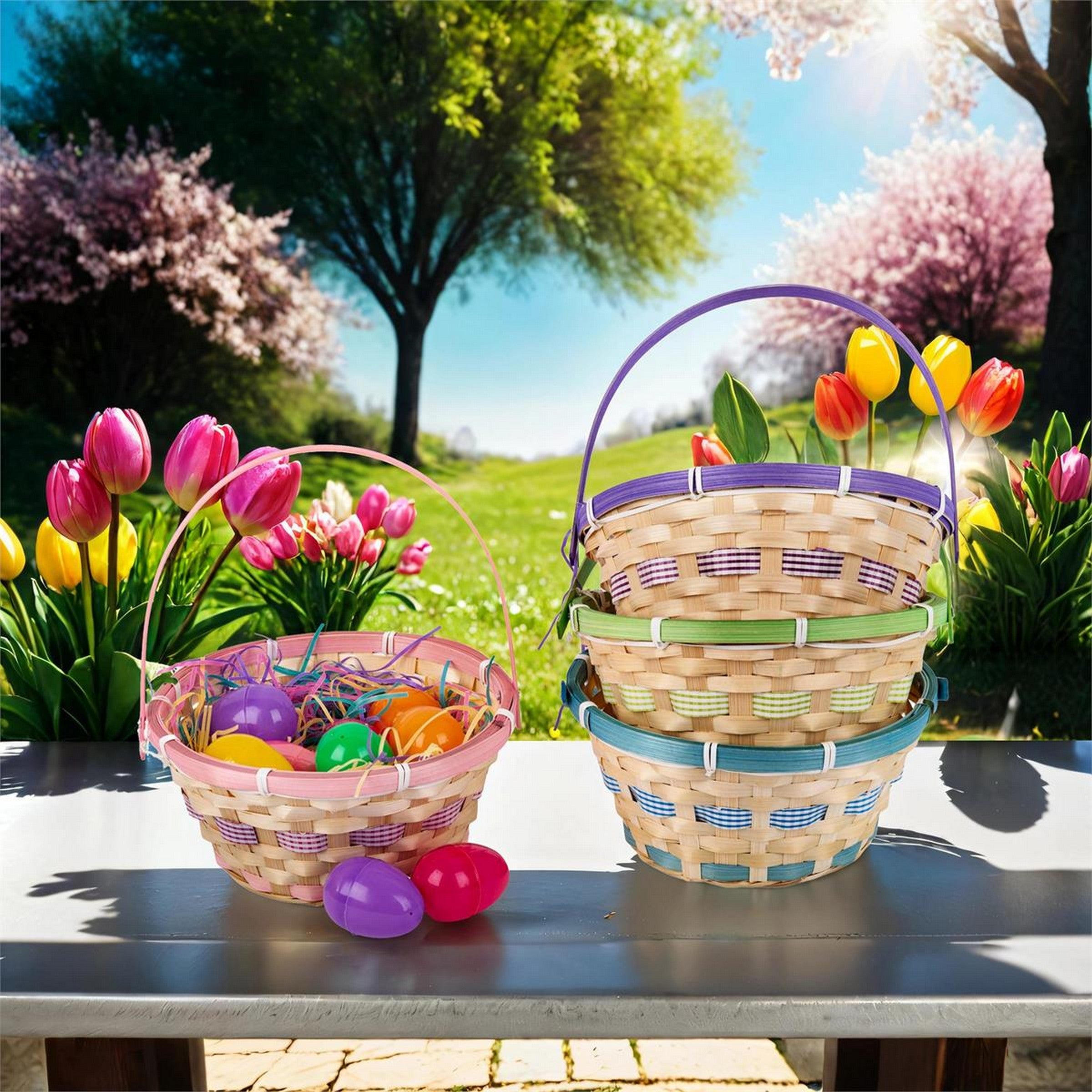 Easter Bamboo Basket with Hinged Handle 7.5in dia.  VRT 