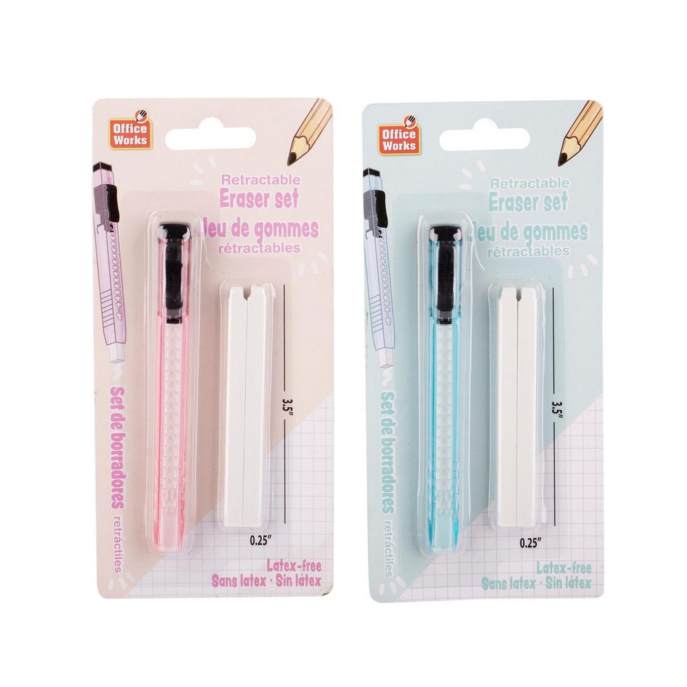 Office Works Slim Pushing Eraser Set with 2 Refills 4.75in