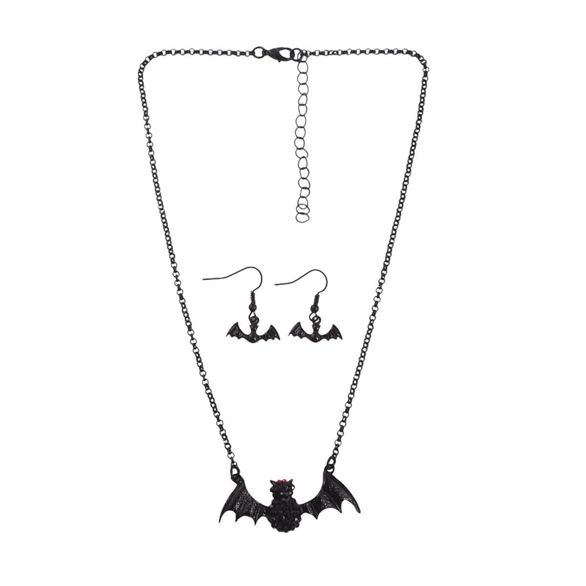 Party Gear Halloween Black Bat Earrings and Necklace Set 